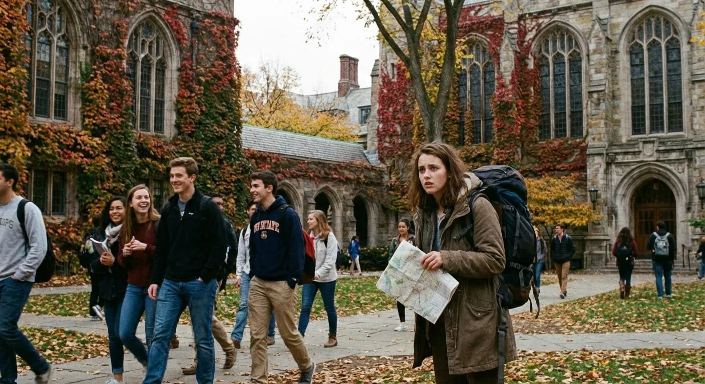 Students walking along an ivy-covered campus path in autumn.