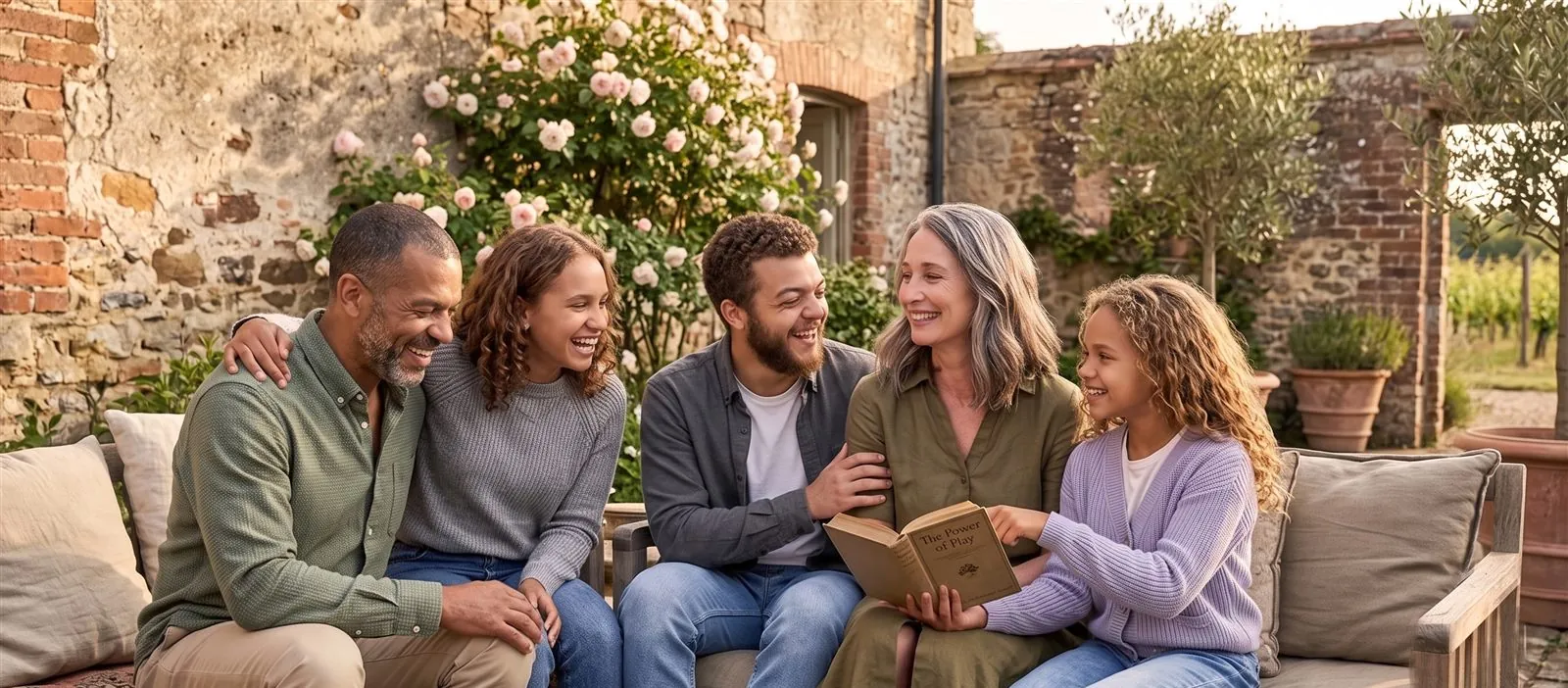 A family relaxes together in a sunny garden.