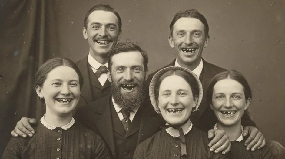An old photograph of people in the 1800s, several with missing and damaged teeth.