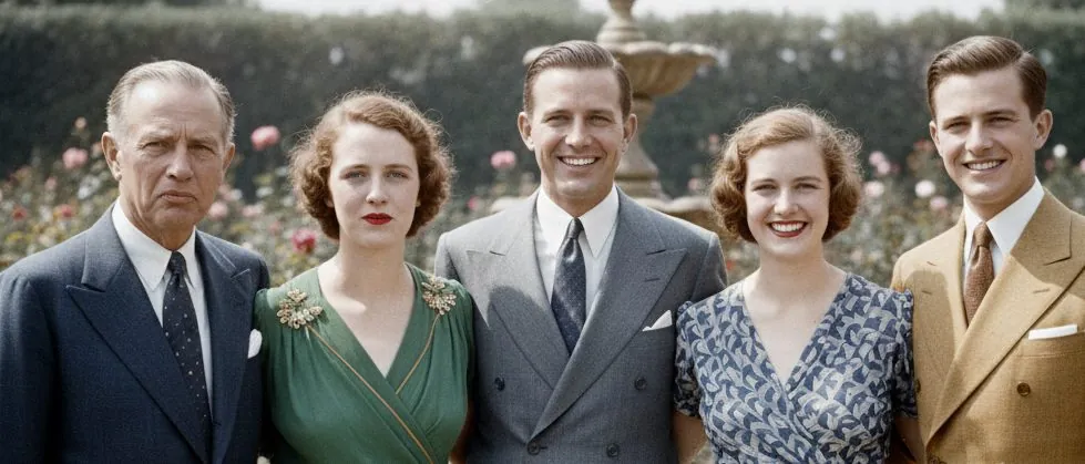 A 1930s family photograph, most of the family smiling broadly.