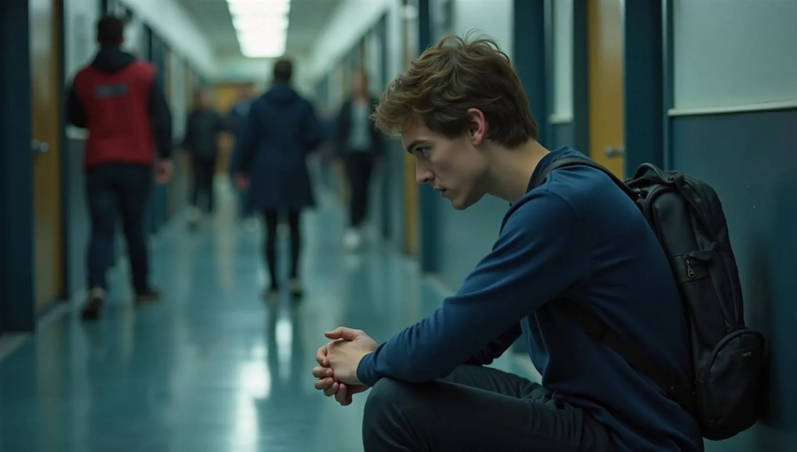A student sits alone on the floor of an empty school hallway, knees drawn up.