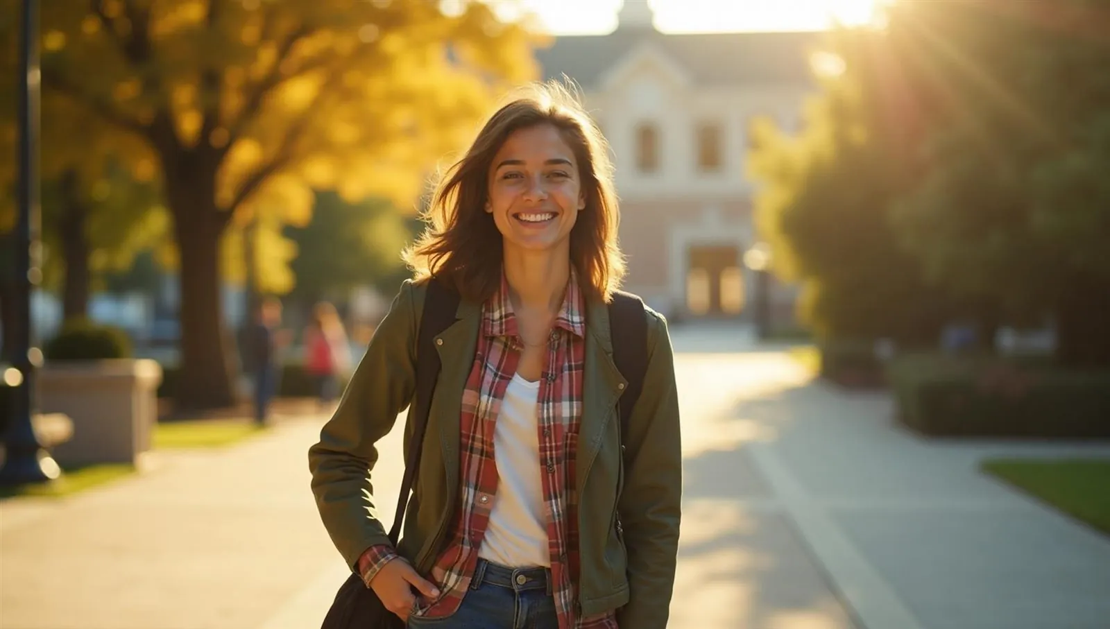 A student walks across campus on a bright day, smiling.