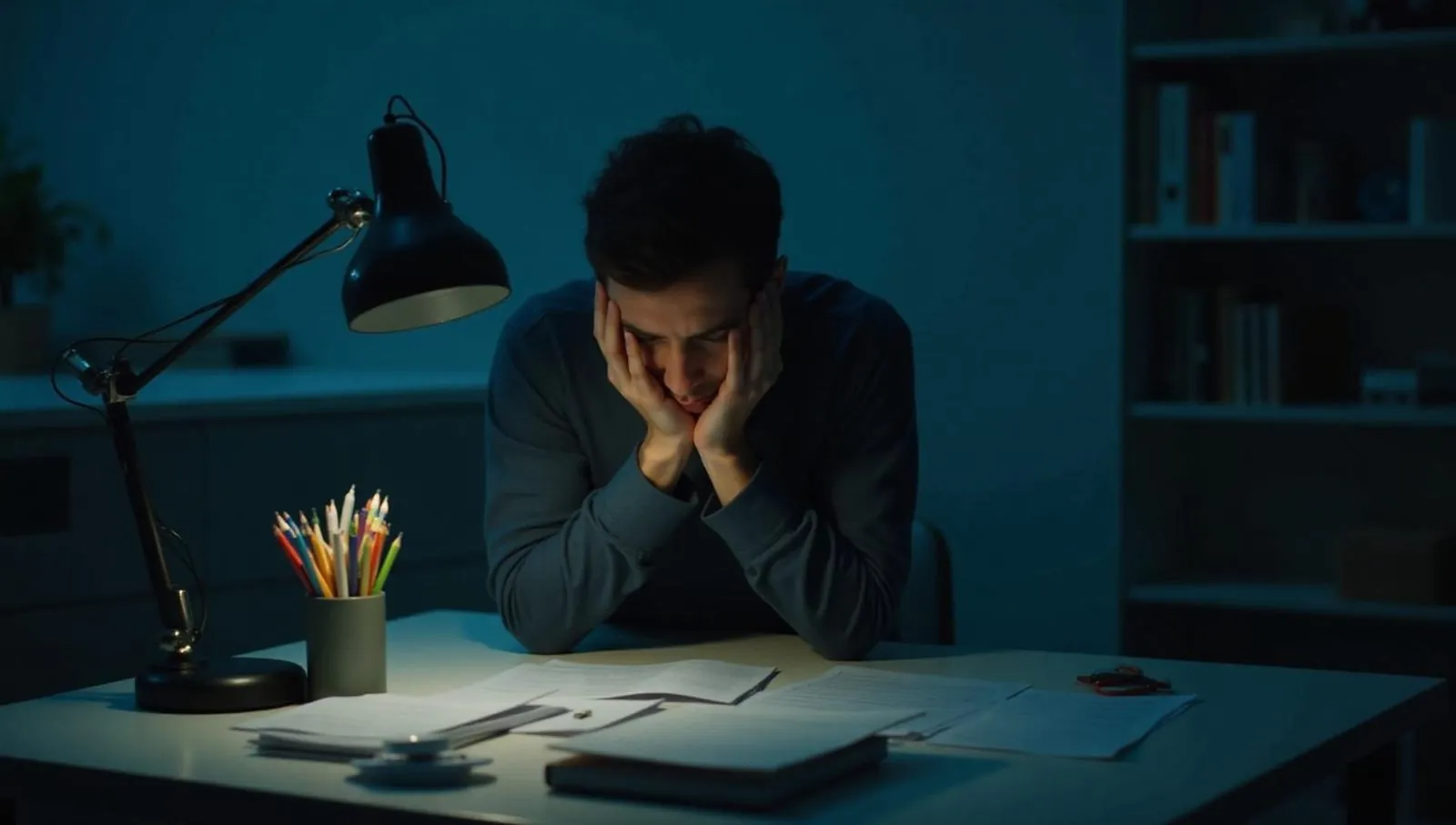 A student at a desk late at night, head in hands, a lamp lighting the books.