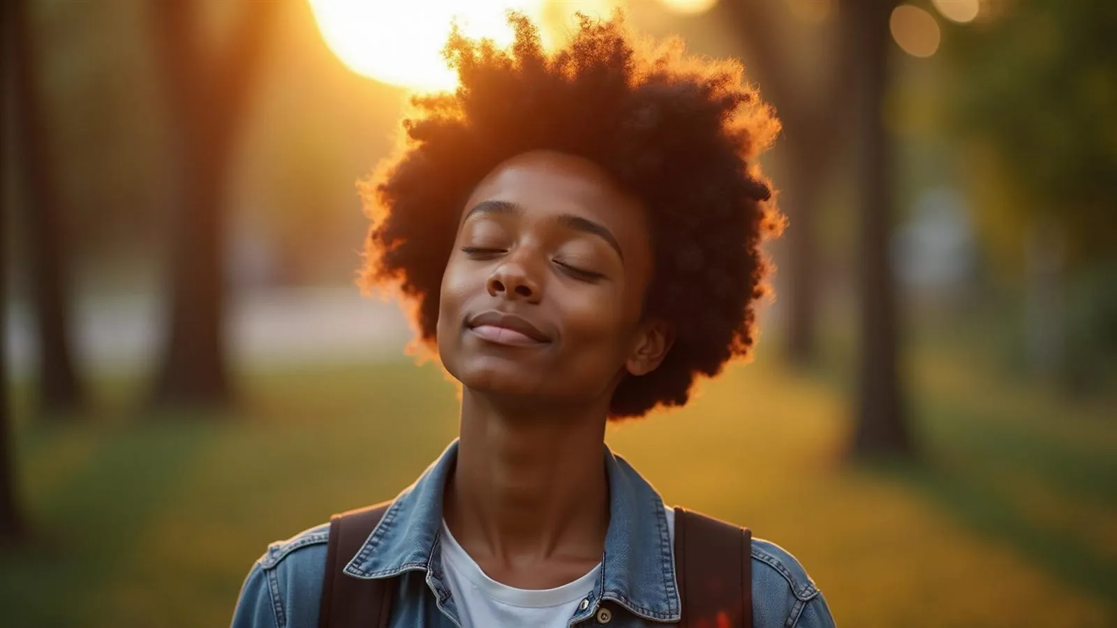 A student stands in warm sunlight with eyes closed, at ease.
