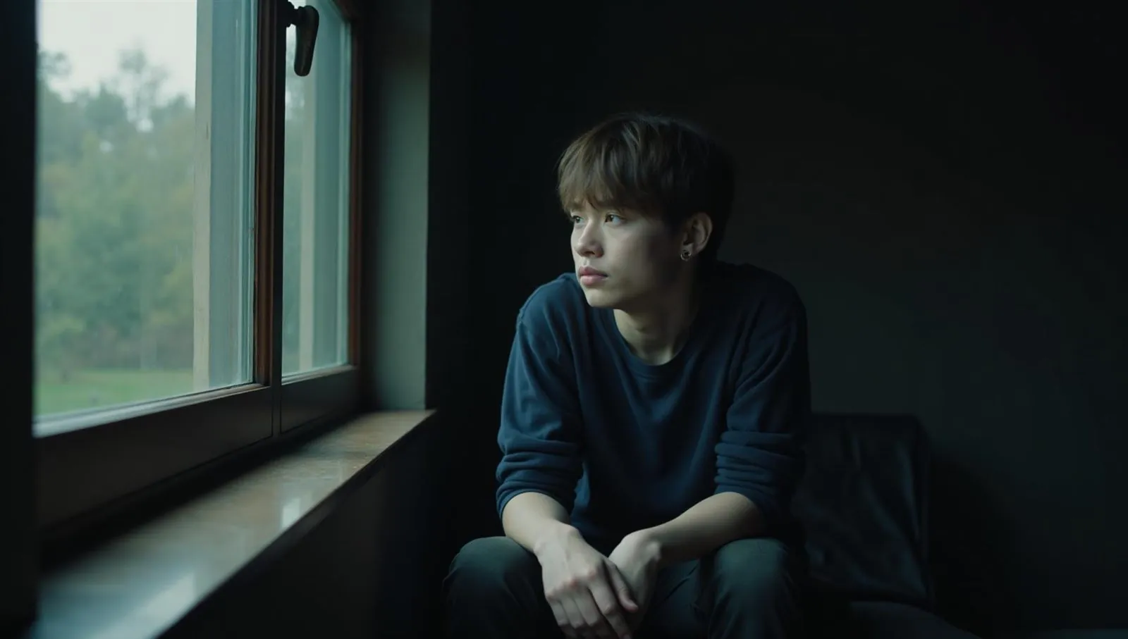 A young person sits alone by a window in dim light, looking out.