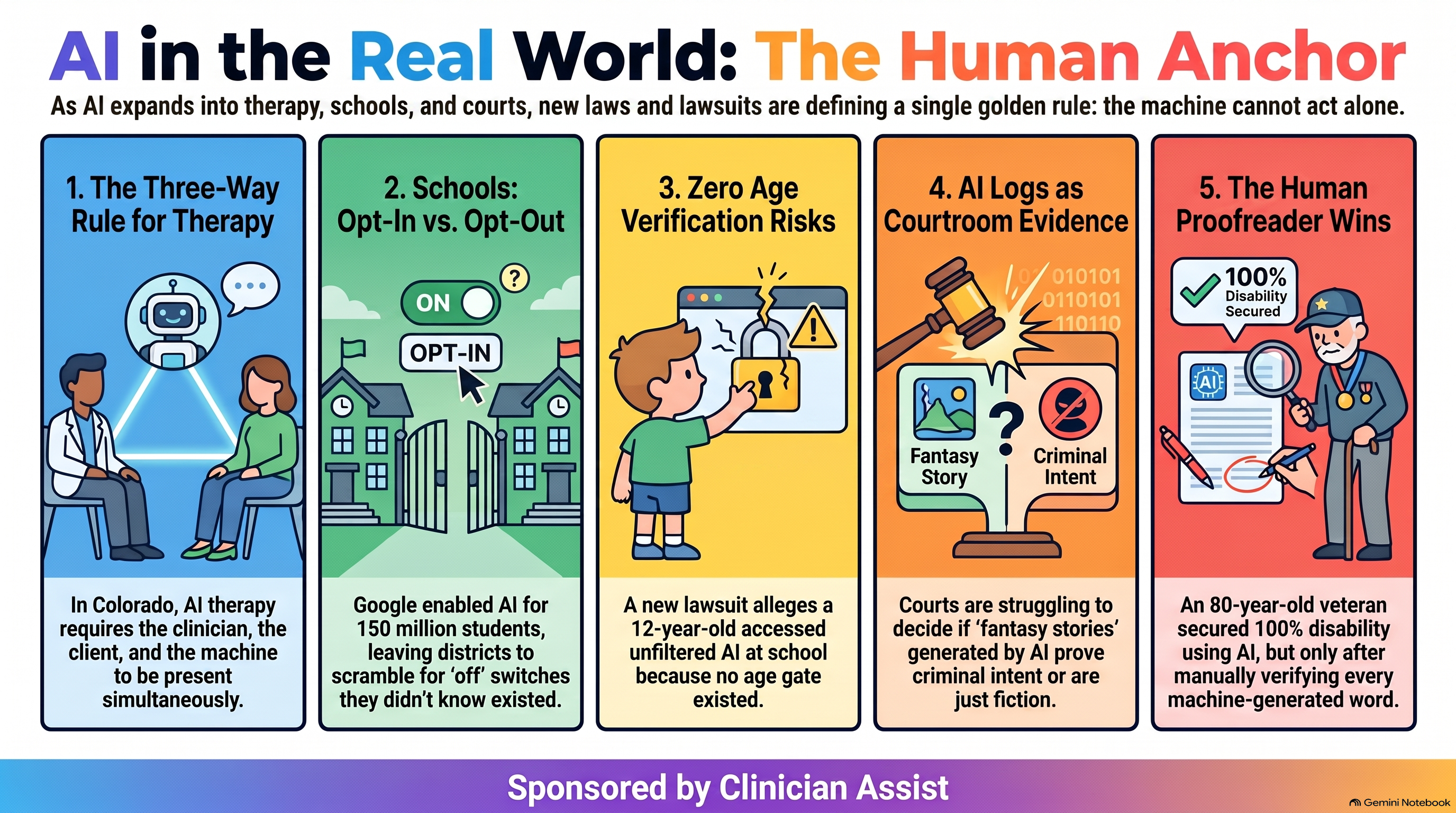 Infographic: Colorado's psychotherapy AI law takes effect requiring synchronous clinician, machine and client interaction; Google turns Gemini on for K-12 students by default; industry-funded papers urge lighter chatbot rules; a new Character Technologies suit filed seven months after settlement.