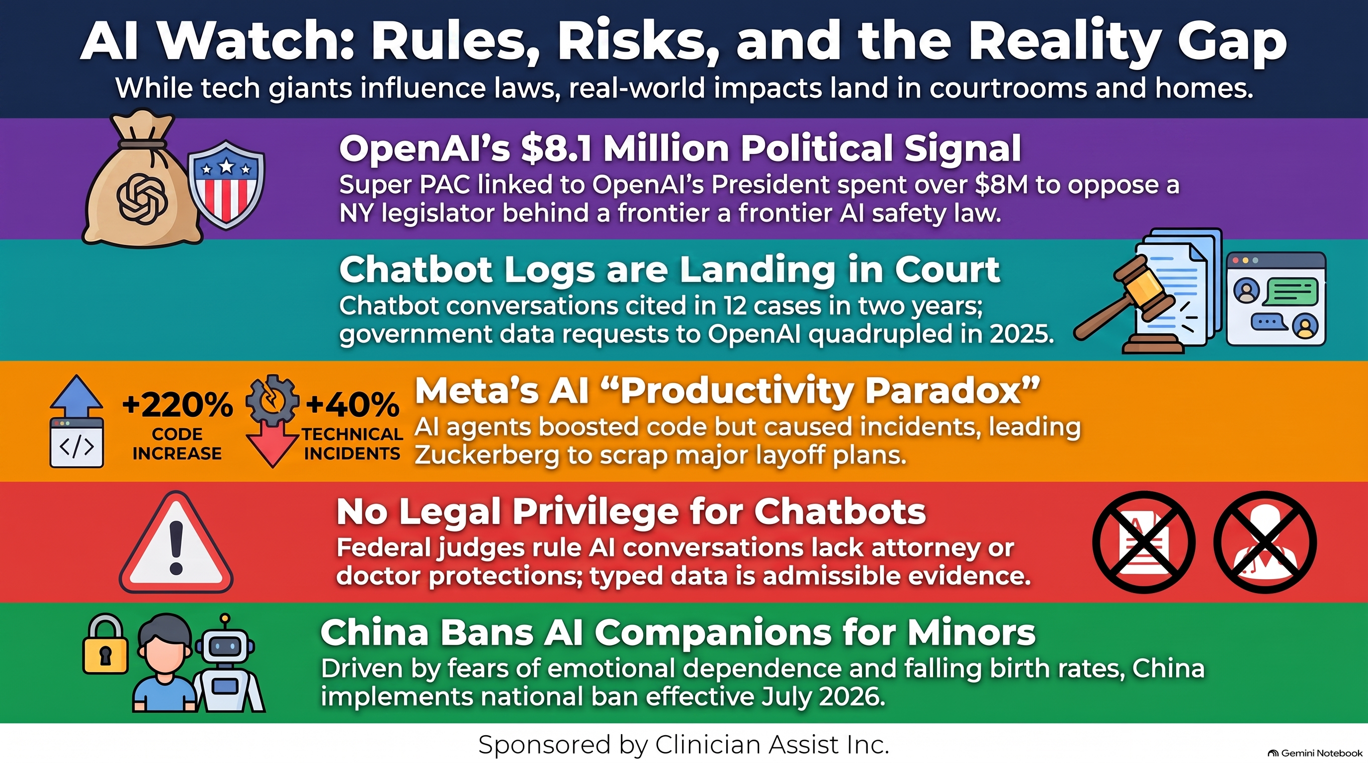 Hook image: a whiteboard split into five columns labeled REGULATION, RETREAT, DISCOVERY, INTERFACE, RULE; a hand in a suit sleeve writes the first column while the other four columns already carry a company name, a courtroom sketch, a Salesforce cloud, and a Chinese flag. Caption FIVE RULEBOOKS, ONE WEEK.