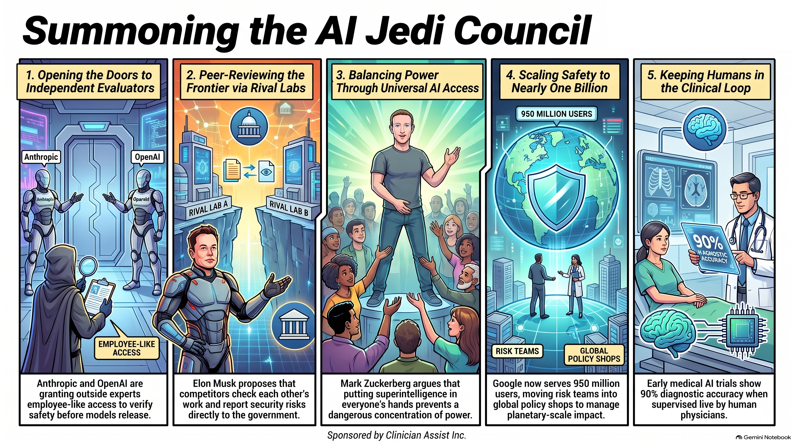 Infographic: Summoning the AI Jedi Council, five men who run frontier AI in their own words, from Conversational AI Watch, sponsored by Clinician Assist Inc.