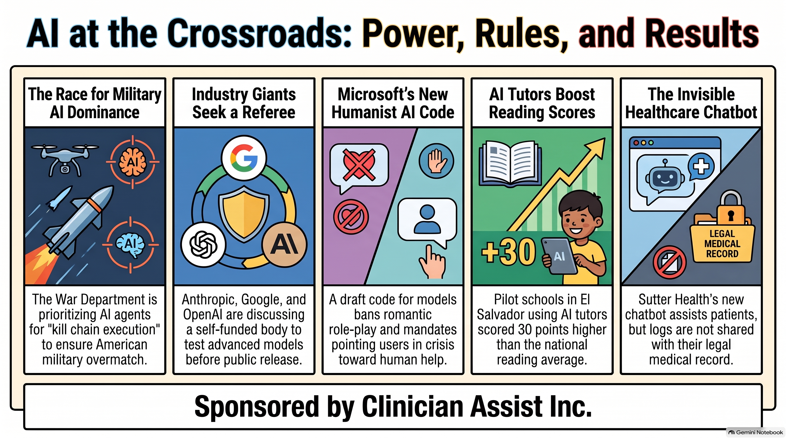 Infographic, AI at the Crossroads: Power, Rules, and Results, from Conversational AI Watch, sponsored by Clinician Assist Inc.
