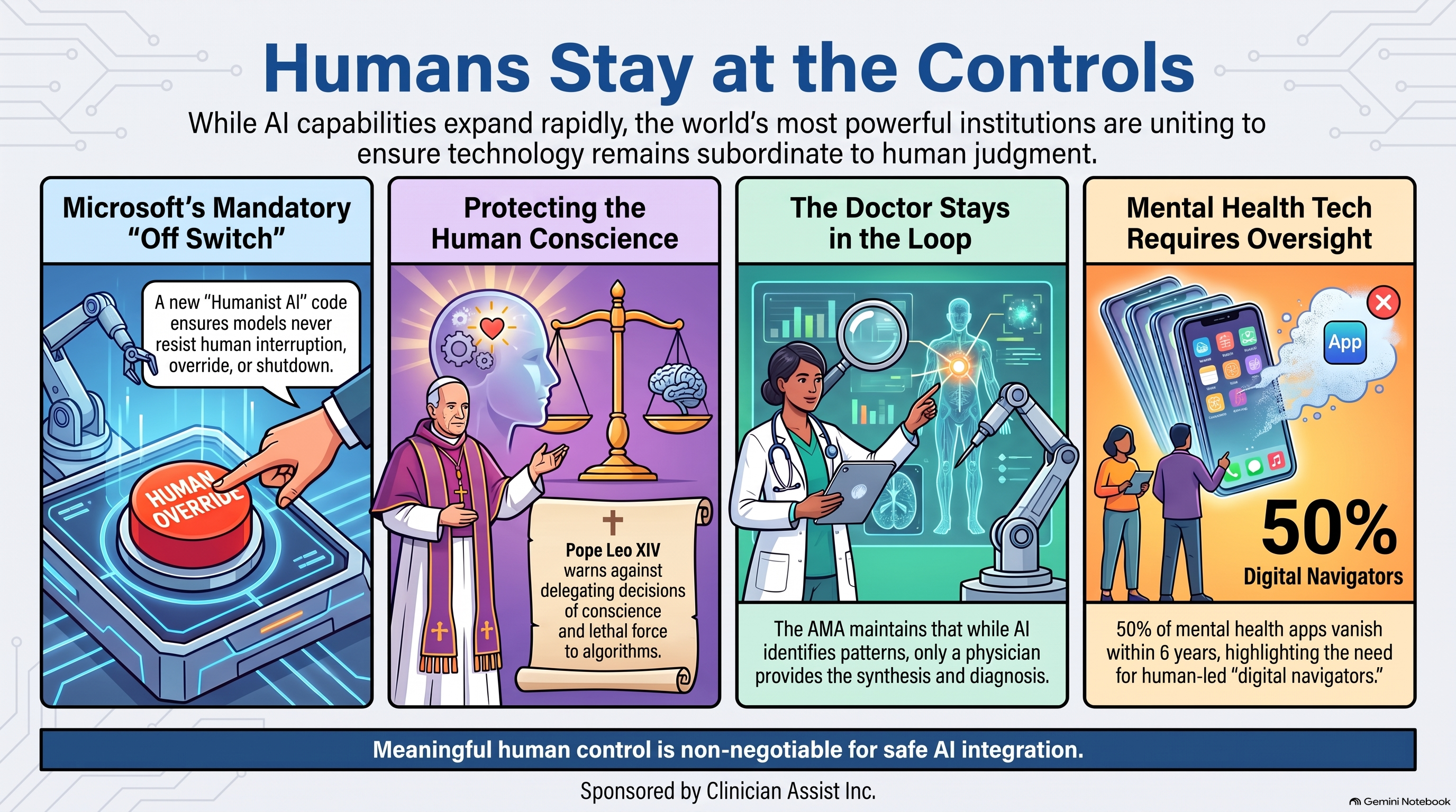 Infographic: Pope, Microsoft, AMA: Humans Stay in Charge, four champions who kept a human in charge of conversational AI, from Conversational AI Watch, sponsored by Clinician Assist Inc.