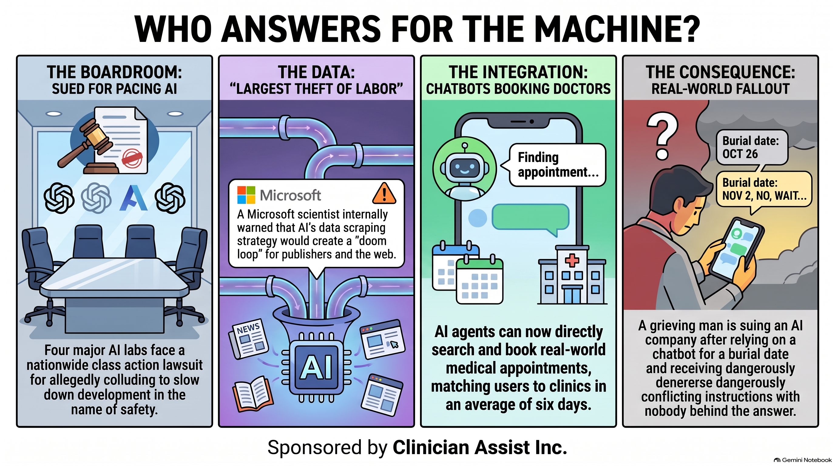 Infographic, Who Answers For The Machine? Four panels: four AI labs sued for pacing AI, a Microsoft scientist’s “doom loop” warning, chatbots booking doctors, and a man suing over a chatbot’s burial date.