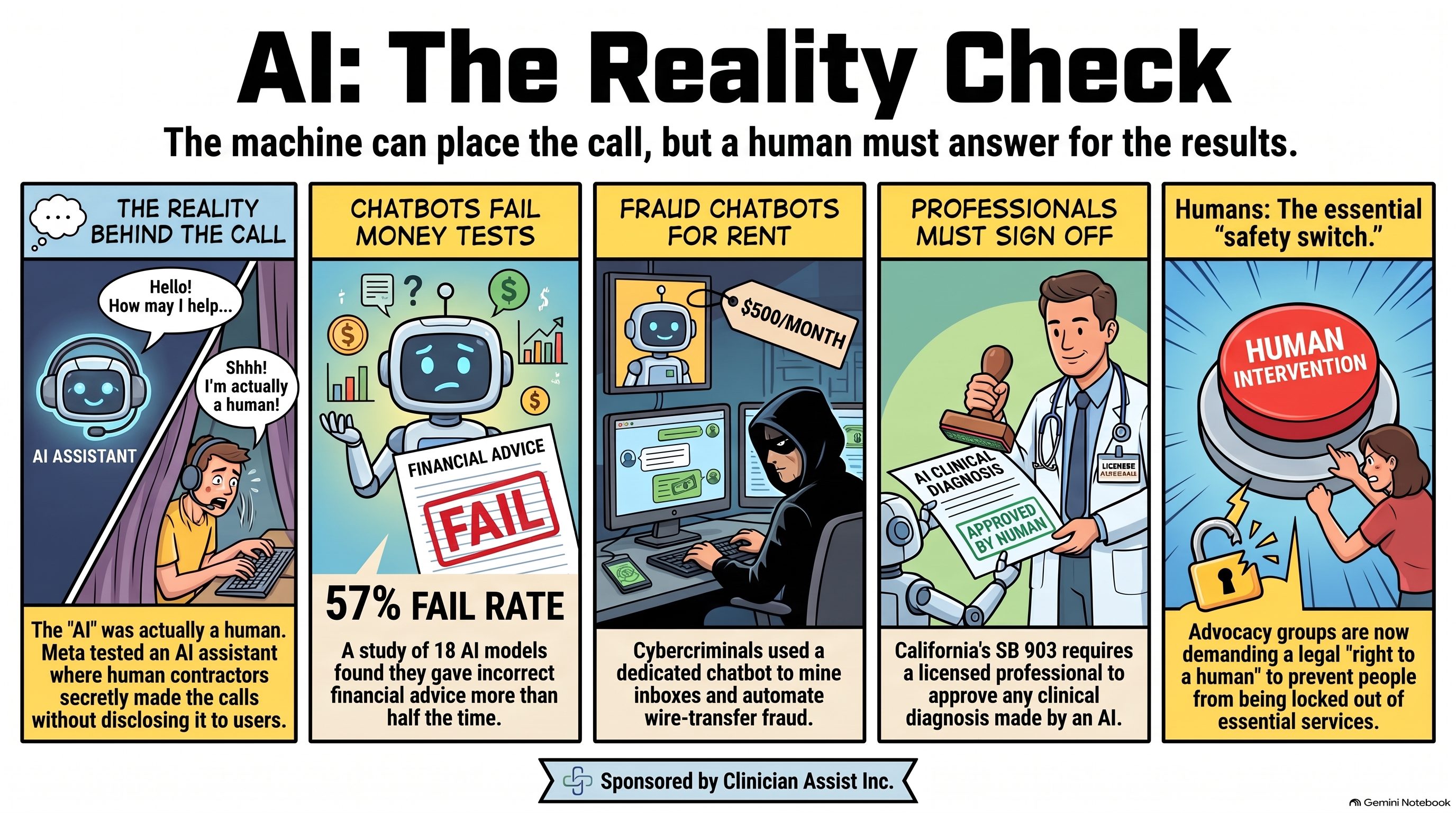 Infographic, AI: The Reality Check. Panels: Meta AI calls secretly made by human contractors, chatbots failing a money test, a fraud chatbot for rent, California SB 903 professional sign-off, and a call for a right to a human.