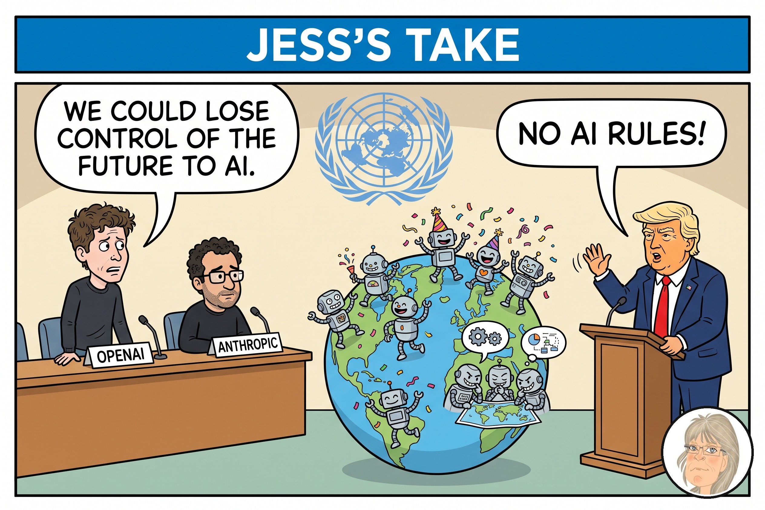 Jess’s Take: Sam Altman and Dario Amodei at the UN, Altman warning “We could lose control of the future to AI,” while President Trump says “No AI rules!” and robots celebrate and plot around the globe.