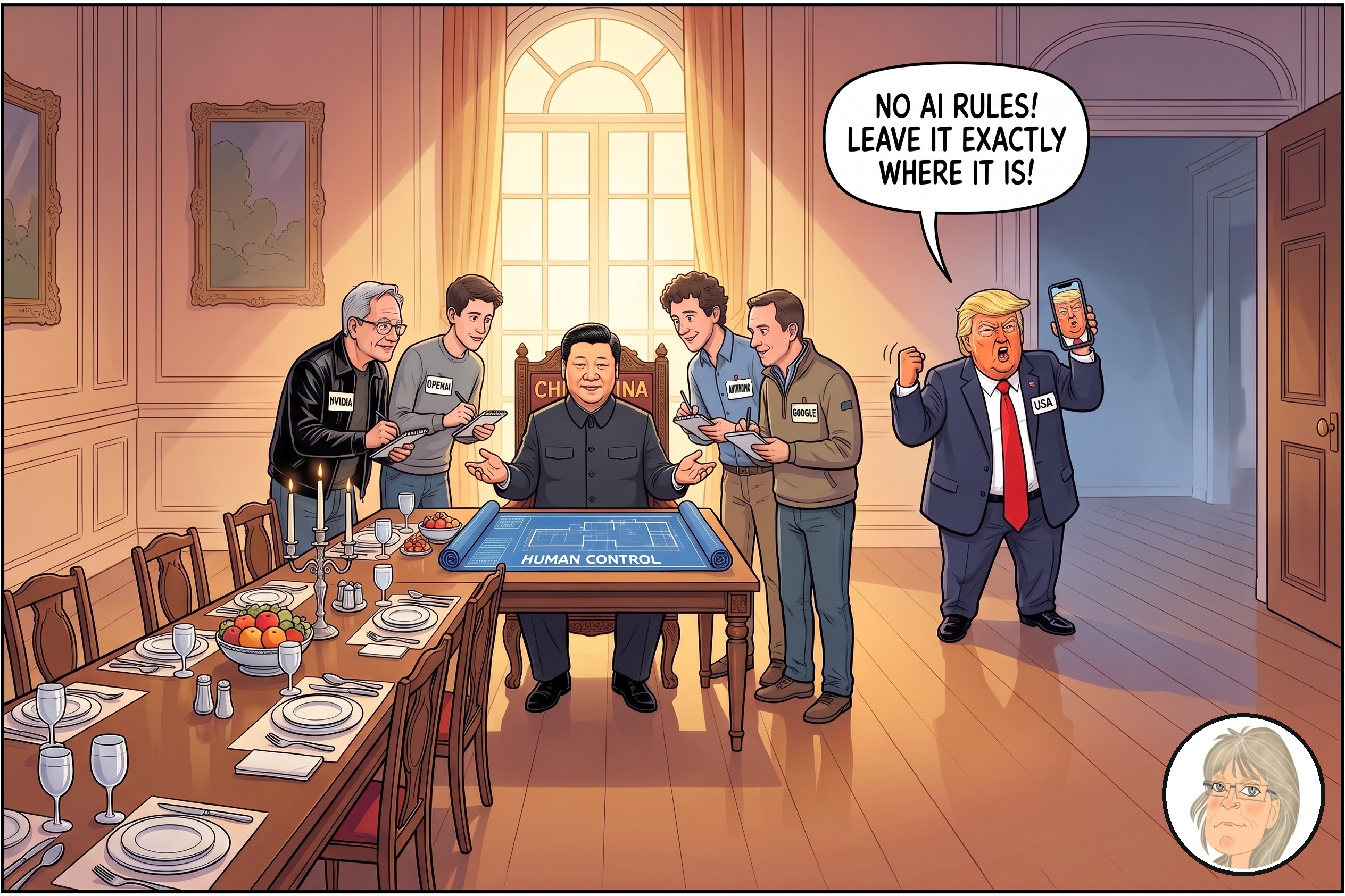 Editorial cartoon: frontier AI lab leaders gather around a calm, thoughtful Xi Jinping while President Trump stands apart, ranting that there should be no AI rules.