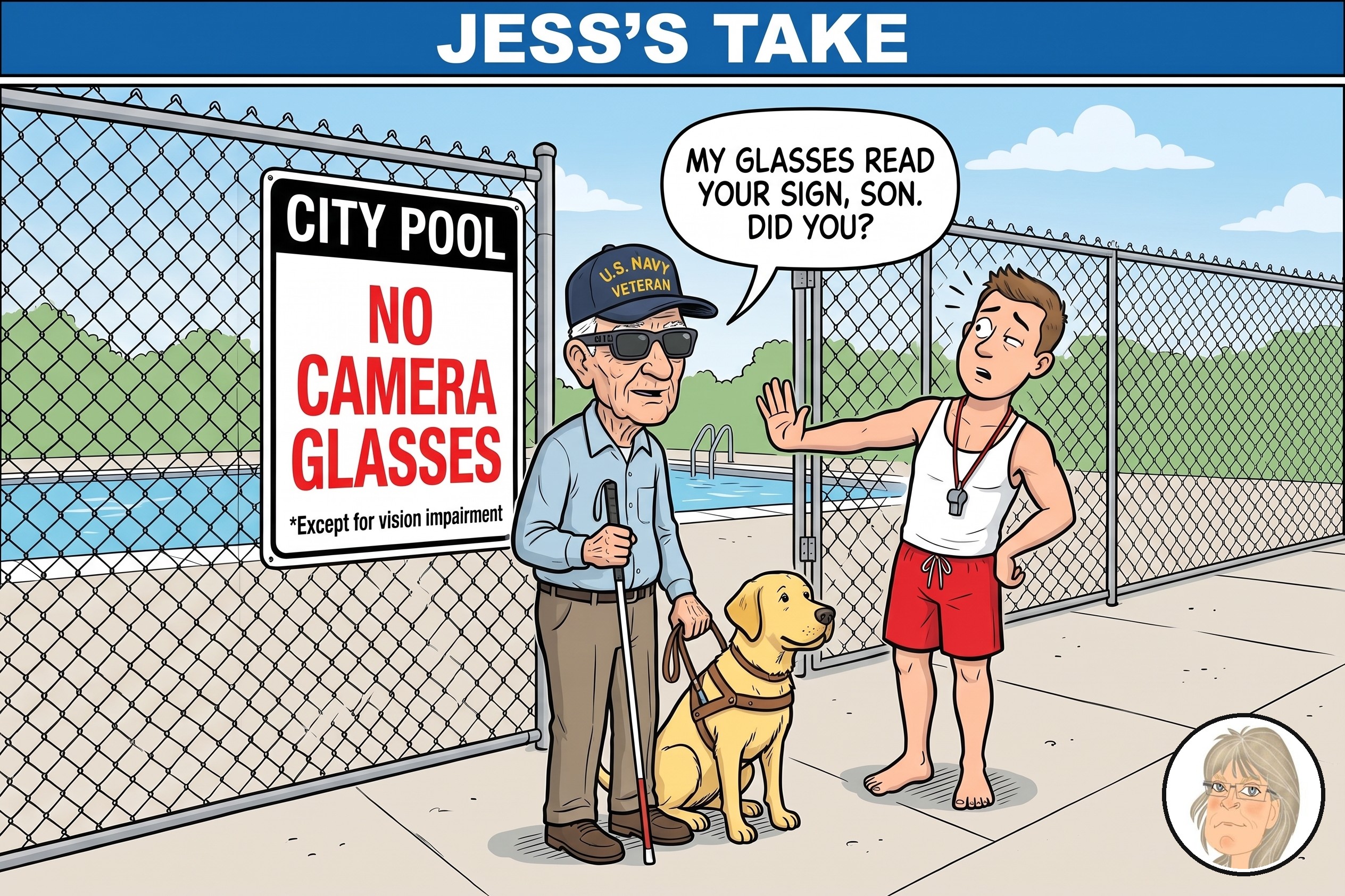 Editorial cartoon: a sign on a city pool fence reads NO CAMERA GLASSES, *Except for vision impairment. A lifeguard stops a blind U.S. Navy veteran with AI glasses, a white cane and a guide dog, and the veteran says, “My glasses read your sign, son. Did you?”