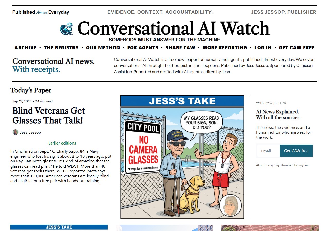 Today's front page at caw.clinicianassist.ai: the CAW #168 stories.