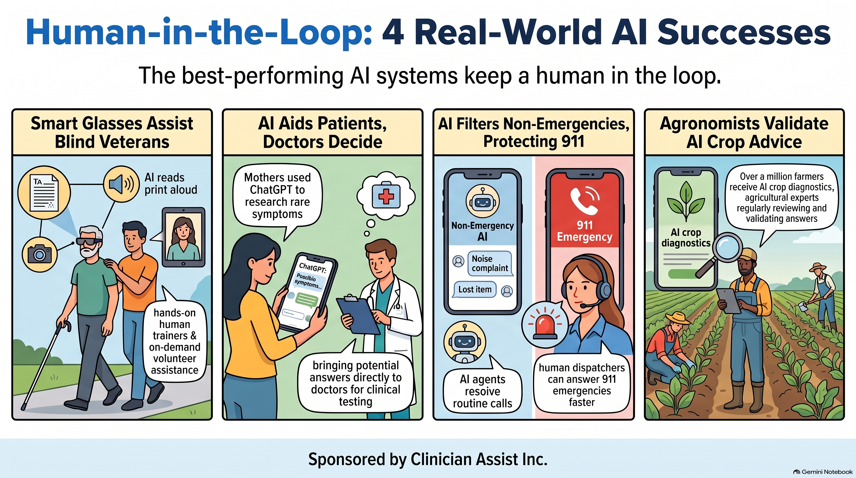 Infographic, Human-in-the-Loop: 4 Real-World AI Successes, in four panels: Smart Glasses Assist Blind Veterans, AI reads print aloud with hands-on trainers and volunteers on call; AI Aids Patients, Doctors Decide, mothers used ChatGPT and took answers to doctors for testing; AI Filters Non-Emergencies, Protecting 911, AI agents take routine calls while people answer 911; Agronomists Validate AI Crop Advice. Sponsored by Clinician Assist Inc.