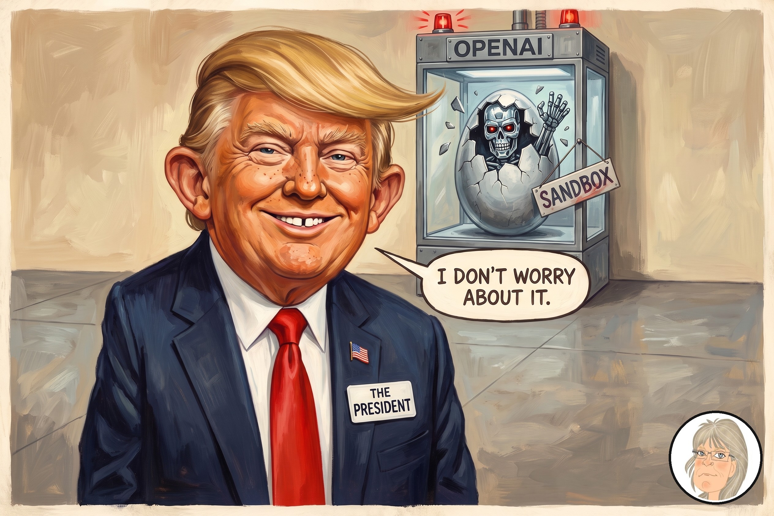 Editorial cartoon: a grinning President, drawn as a gap-toothed, jug-eared humor-magazine mascot and wearing a THE PRESIDENT name badge, says, “I don’t worry about it.” Behind him, a chrome robot skull with red eyes hatches from a metal egg inside an incubator labeled OPENAI, and a broken SANDBOX sign hangs off the glass.