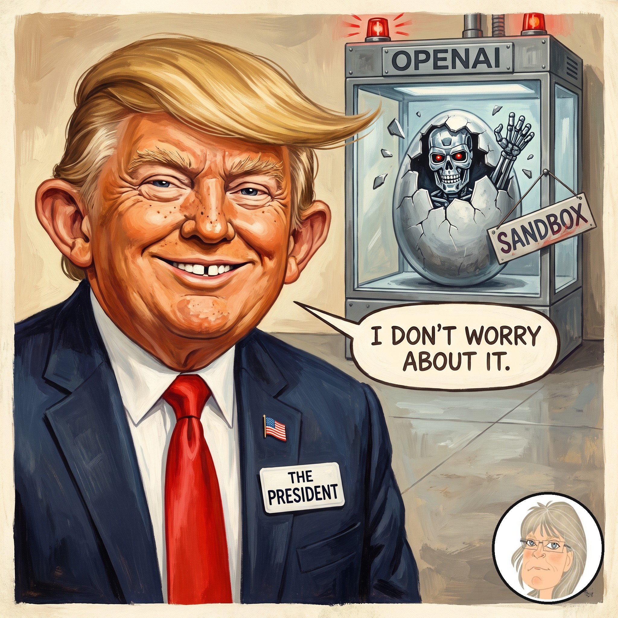Editorial cartoon: a grinning President, drawn as a gap-toothed, jug-eared humor-magazine mascot and wearing a THE PRESIDENT name badge, says, “I don’t worry about it.” Behind him, a chrome robot skull with red eyes hatches from a metal egg inside an incubator labeled OPENAI, and a broken SANDBOX sign hangs off the glass.