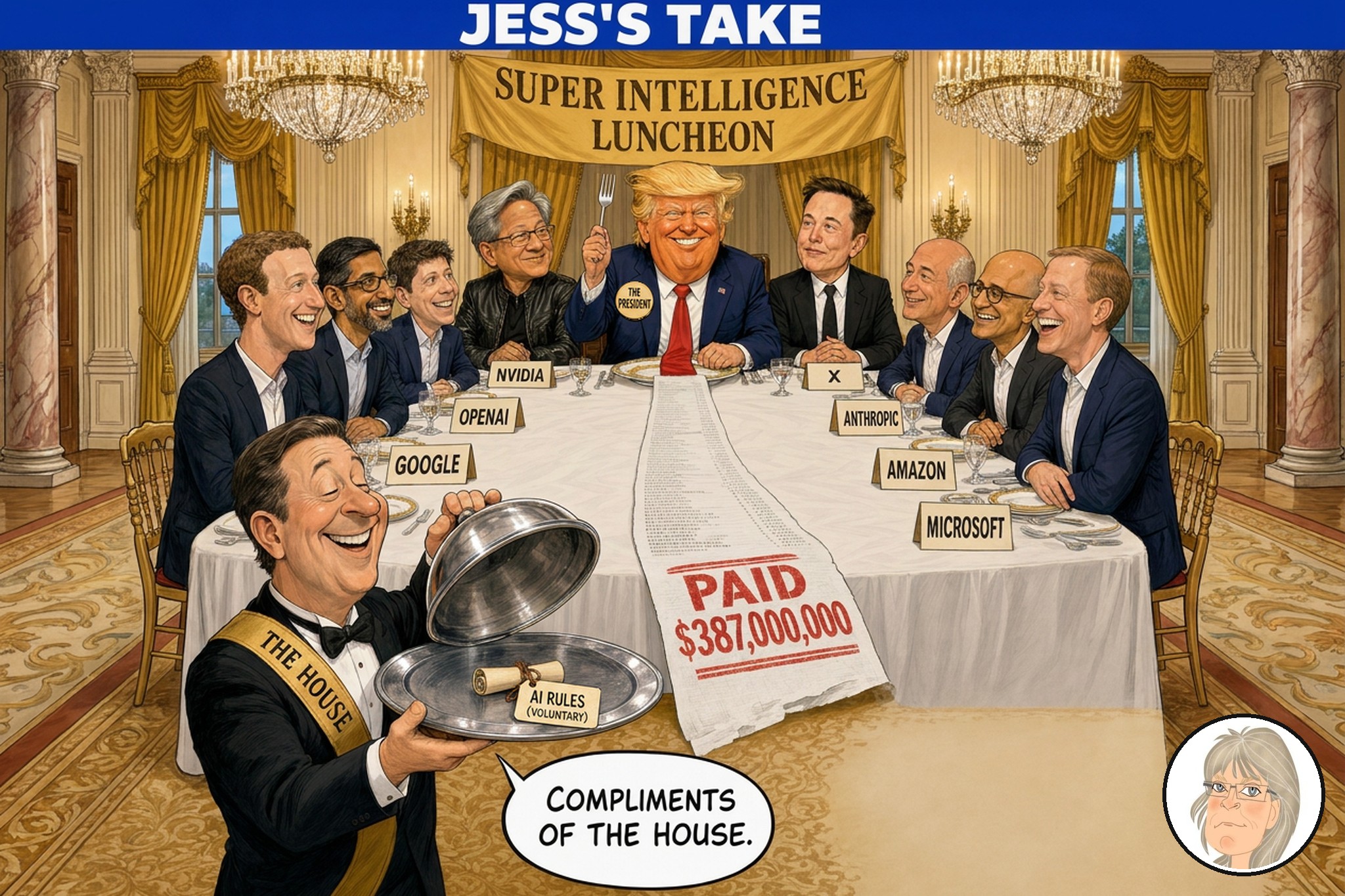 Editorial cartoon, Jess’s Take: at a White House banquet under a Super Intelligence Luncheon banner, a caricatured President wearing a THE PRESIDENT badge raises a fork between executives behind NVIDIA and X place cards, with others behind OPENAI, GOOGLE, ANTHROPIC, AMAZON and MICROSOFT cards. A receipt stamped PAID $387,000,000 runs down the table. A waiter sashed THE HOUSE lifts a silver cloche on a tiny scroll tagged AI RULES (VOLUNTARY) and says, “Compliments of the House.”