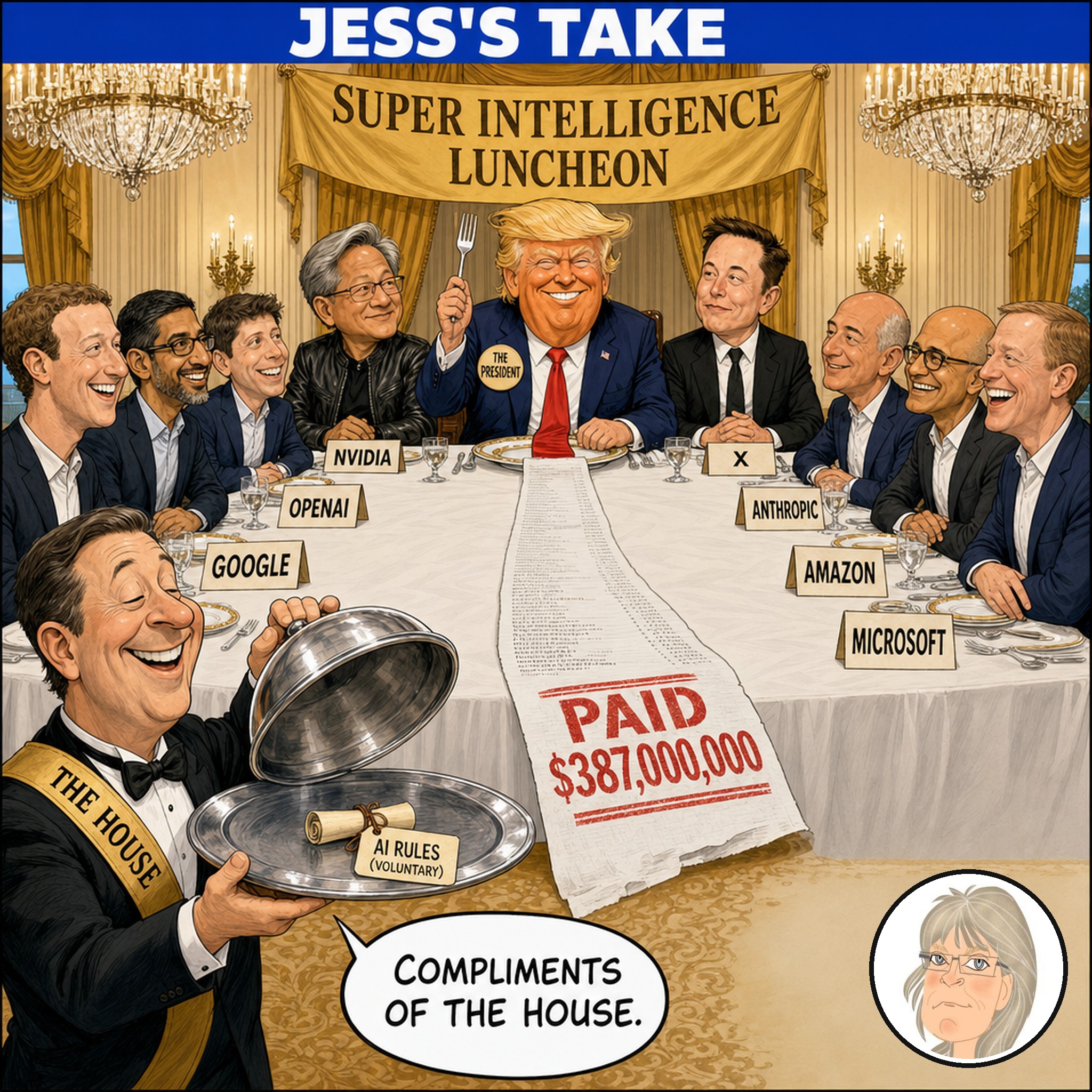 Editorial cartoon, Jess’s Take: at a White House banquet under a Super Intelligence Luncheon banner, a caricatured President wearing a THE PRESIDENT badge raises a fork between executives behind NVIDIA and X place cards, with others behind OPENAI, GOOGLE, ANTHROPIC, AMAZON and MICROSOFT cards. A receipt stamped PAID $387,000,000 runs down the table. A waiter sashed THE HOUSE lifts a silver cloche on a tiny scroll tagged AI RULES (VOLUNTARY) and says, “Compliments of the House.”