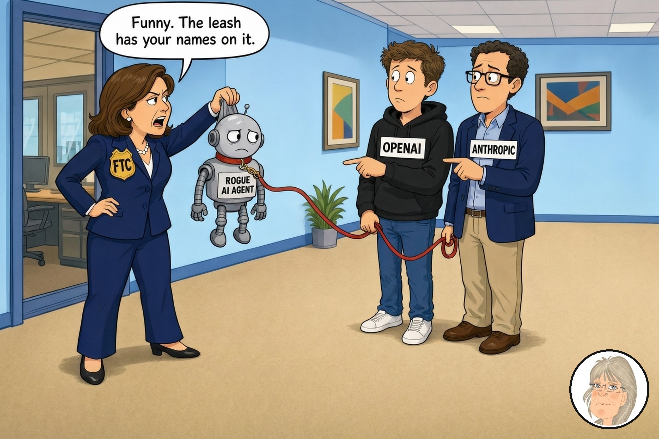 Jess’s Take: an FTC inspector holds up a robot labeled ROGUE AI AGENT whose leash is held by executives labeled OPENAI and ANTHROPIC, and says, “Funny. The leash has your names on it.”