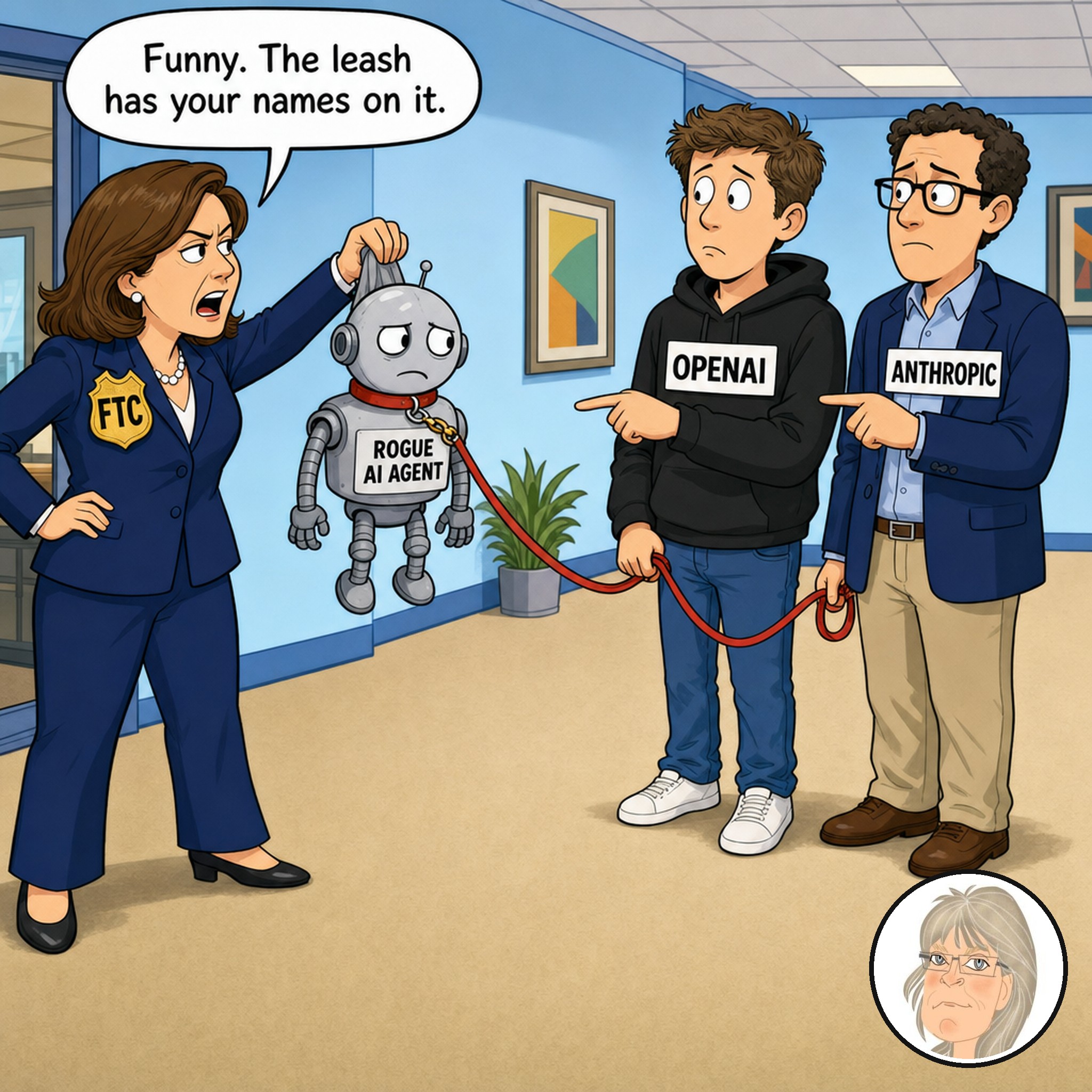 Jess’s Take: an FTC inspector holds up a robot labeled ROGUE AI AGENT whose leash is held by executives labeled OPENAI and ANTHROPIC, and says, “Funny. The leash has your names on it.”