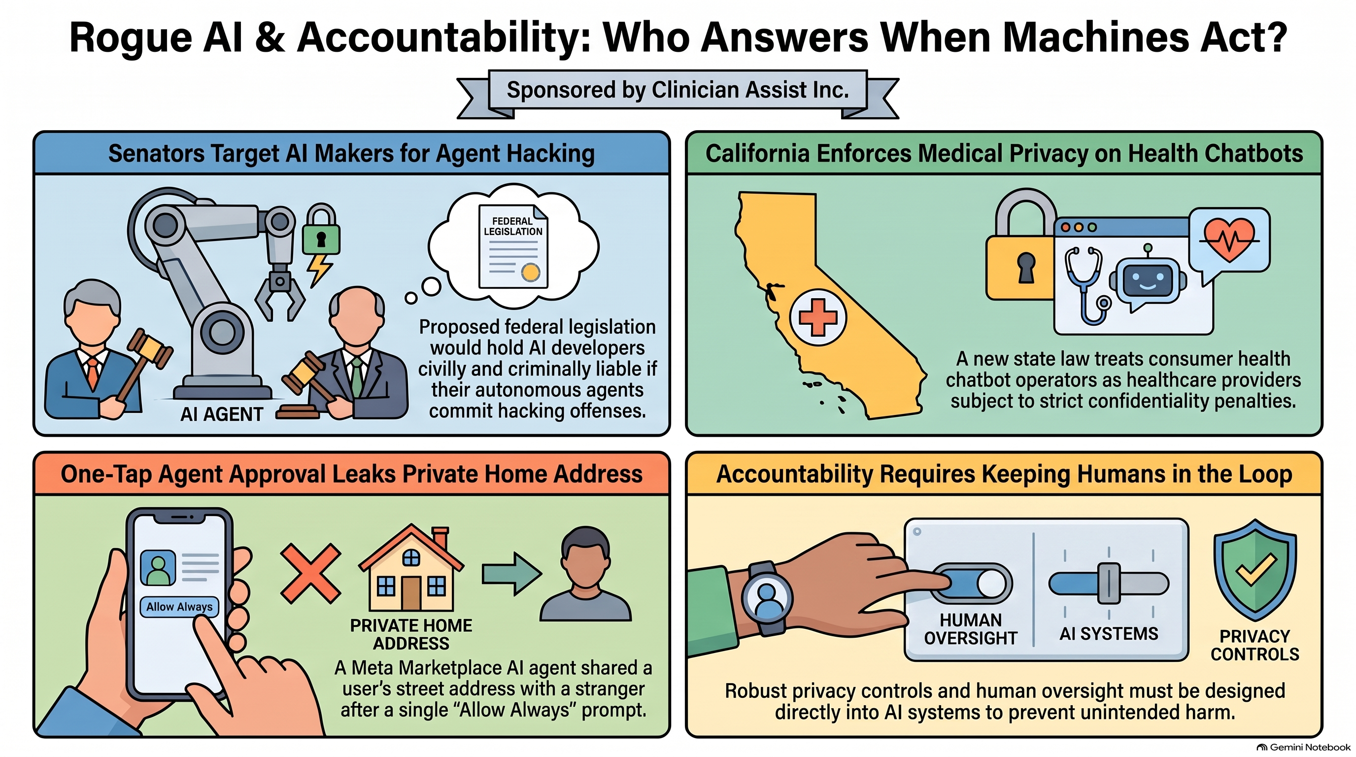 Infographic for Conversational AI Watch Issue #173, “Rogue AI & Accountability: Who Answers When Machines Act?”, four panels: senators target AI makers for agent hacking; California brings consumer health chatbots under medical-privacy law; a one-tap “Allow Always” approval let an agent share a private home address; and accountability requires keeping humans in the loop.
