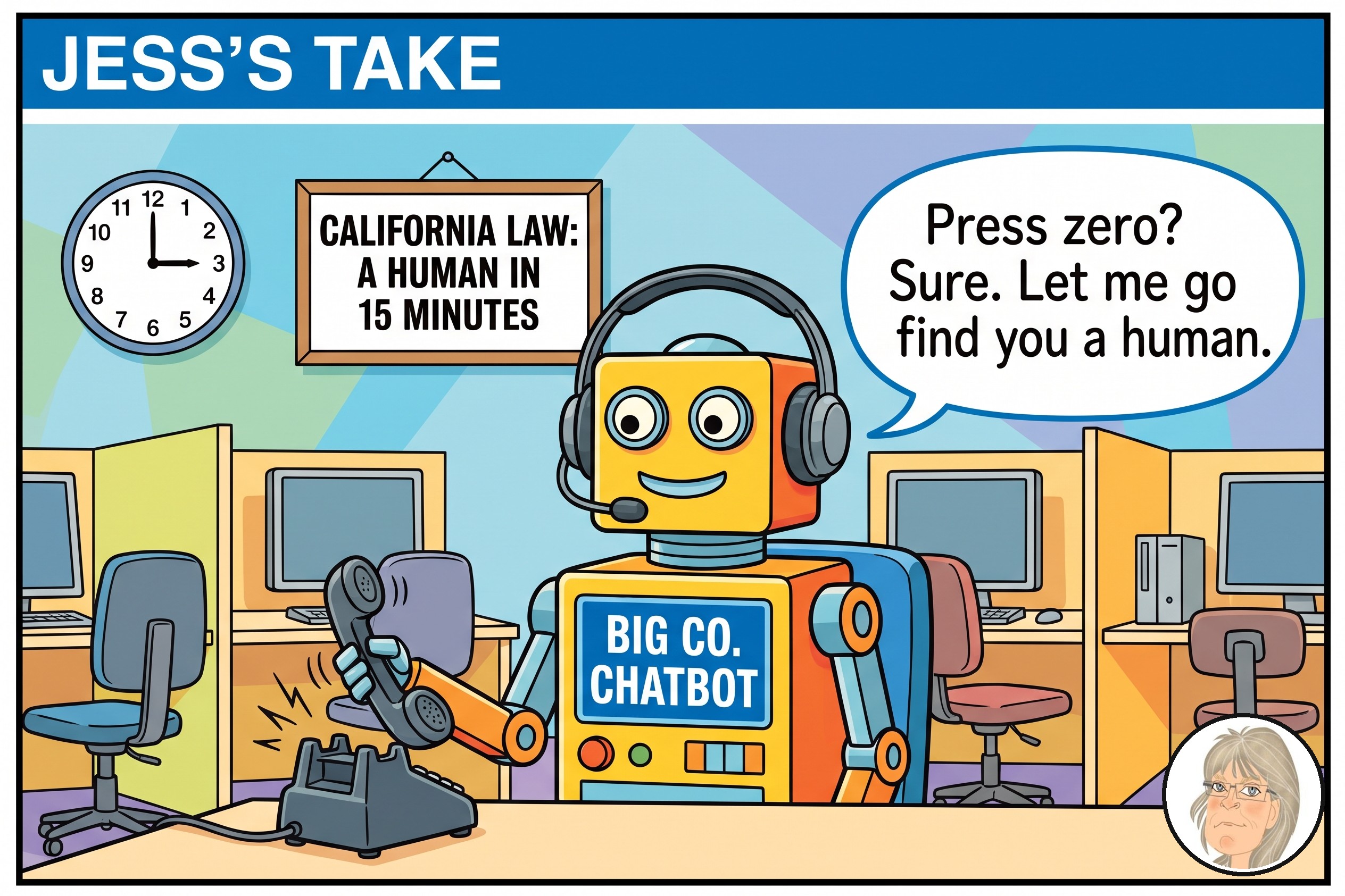Jess’s Take, the editorial cartoon for Conversational AI Watch Issue #174.
