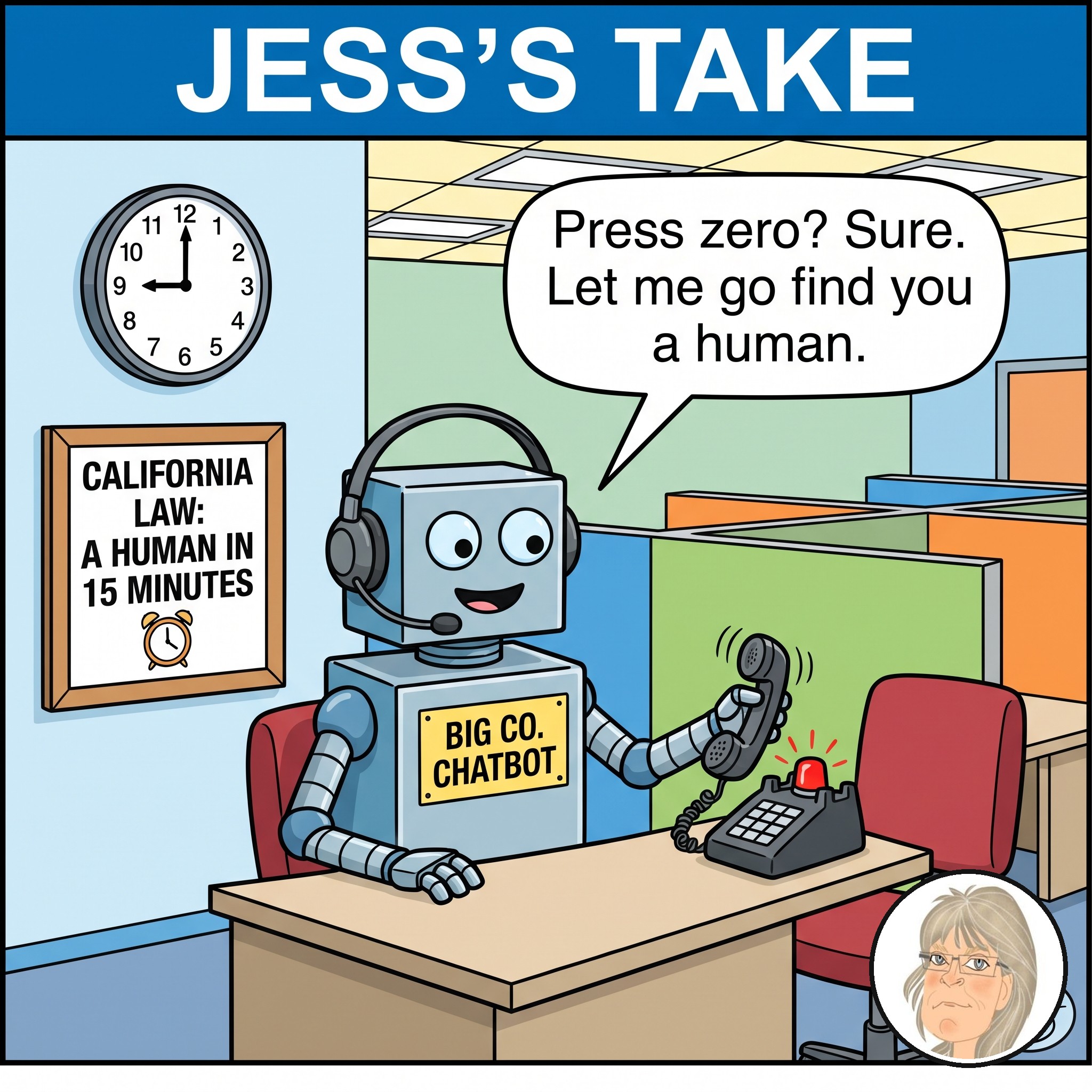 Jess’s Take, the editorial cartoon for Conversational AI Watch Issue #174.