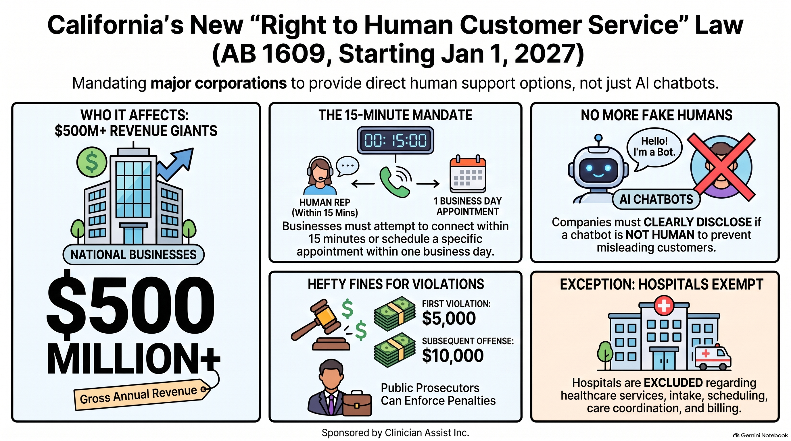 Infographic for Conversational AI Watch Issue #174, “California’s New ‘Right to Human Customer Service’ Law (AB 1609, Starting Jan 1, 2027)”, five panels: who it affects (businesses with more than $500 million in revenue), the 15-minute mandate (an attempt to connect a human within 15 minutes, or an appointment within one business day), no fake humans (chatbots must disclose they are not human), fines for violations enforced by public prosecutors, and the hospital exemption. Sponsored by Clinician Assist Inc.