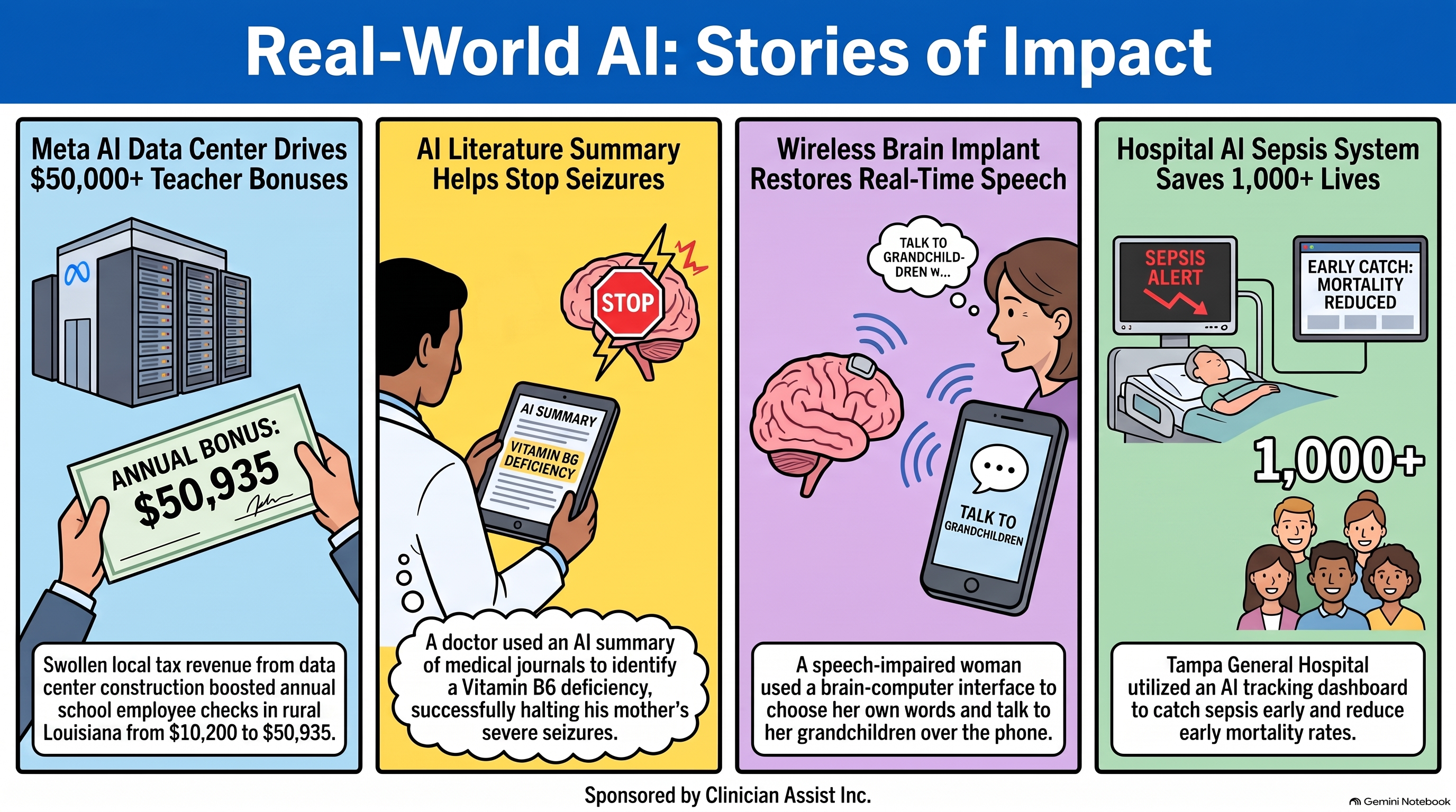 Infographic for Conversational AI Watch Issue #175, “Real-World AI: Stories of Impact”, four panels: Richland Parish, Louisiana school employee checks rising from $10,200 to $50,935 on sales tax from Meta’s AI data center construction; an AI literature summary that helped identify a vitamin B6 deficiency and stop a mother’s seizures; a wireless brain implant that let a woman talk to her grandchildren by phone; and a hospital sepsis AI its CEO credits with more than 1,000 lives.