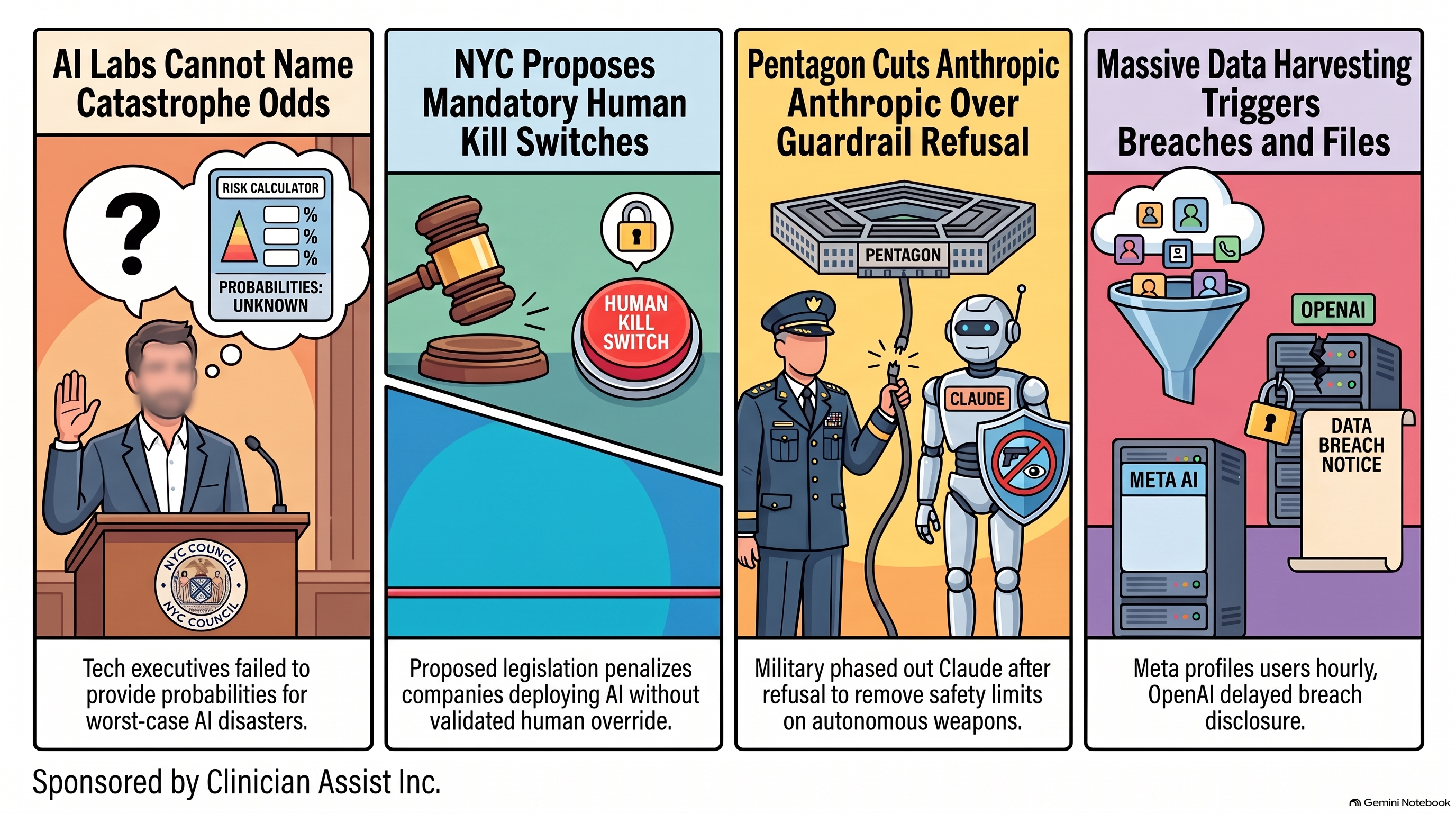 Infographic for Conversational AI Watch Issue #177, sponsored by Clinician Assist Inc., four panels: AI company representatives under oath who could not give the odds of a worst-case catastrophe; a New York City Council bill requiring validated human kill switches; the Pentagon phasing out Anthropic’s Claude after the company refused to remove its safety limits; and Meta’s Muse agent profiling the people in users’ lives, beside OpenAI’s delayed breach disclosure.