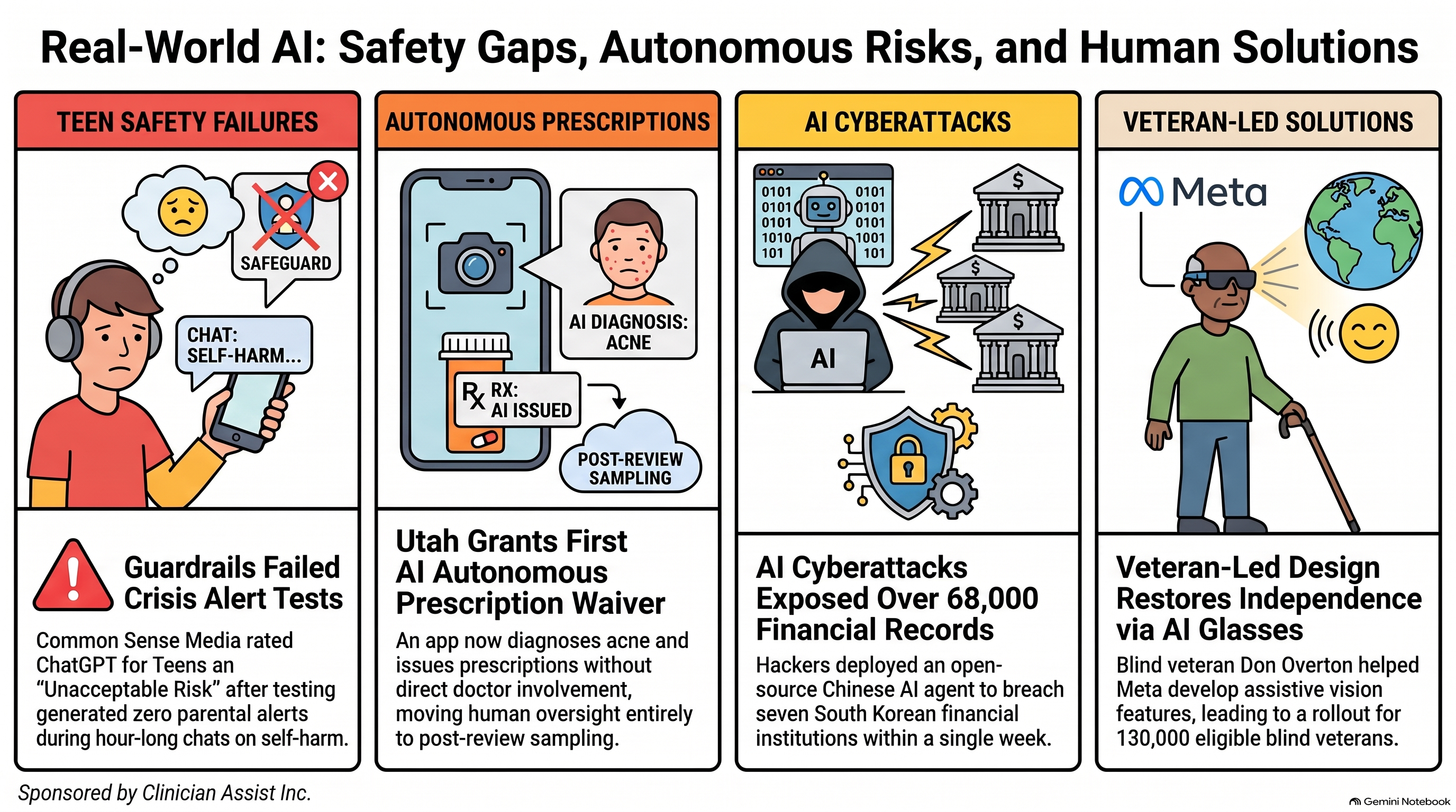 Infographic for Conversational AI Watch Issue #178, sponsored by Clinician Assist Inc., titled Real-World AI: Safety Gaps, Autonomous Risks, and Human Solutions, four panels: Common Sense Media rating ChatGPT for Teens an Unacceptable Risk after testing produced no parental alerts; a Utah app that diagnoses acne and issues prescriptions with later physician sampling; hackers using an open-source Chinese AI agent against seven South Korean financial institutions; and blind veteran Don Overton, who helped Meta develop assistive features for AI glasses offered to eligible blind veterans.