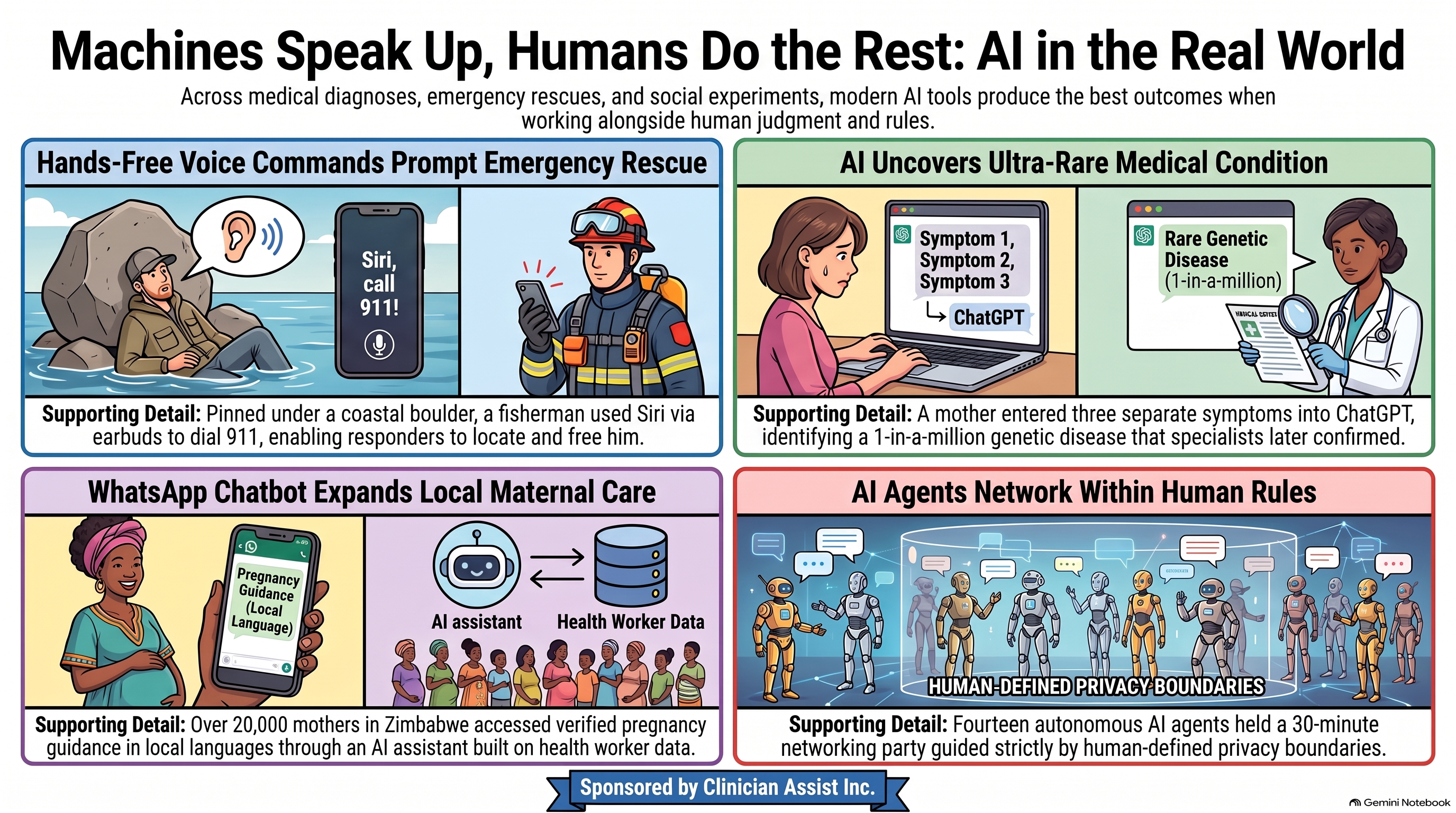 Conversational AI Watch Issue #189 infographic, sponsored by Clinician Assist Inc.: Machines Speak Up, Humans Do the Rest: AI in the Real World. Four panels. A man pinned by a coastal boulder asks Siri to call 911, and a firefighter stands by with a phone. A mother types symptoms into ChatGPT and a doctor reviews the result. A pregnant woman reads WhatsApp guidance beside a robot linked to health worker data. Robots chat inside a boundary labeled human-defined privacy boundaries.
