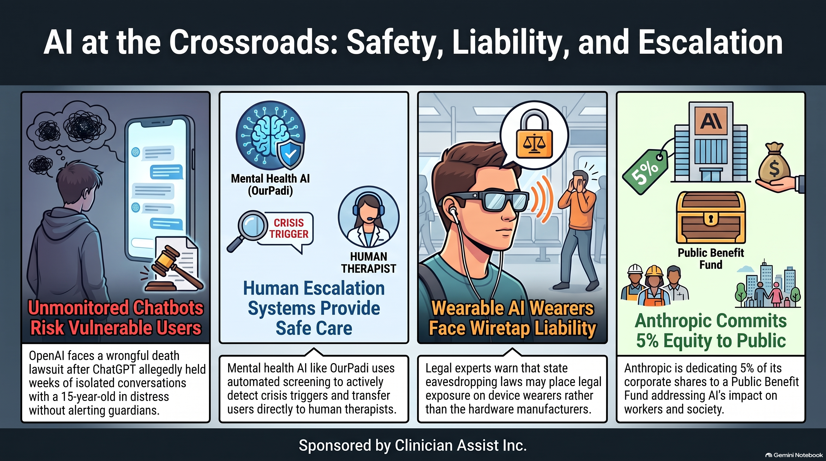Conversational AI Watch Issue #190 infographic, sponsored by Clinician Assist Inc.: AI at the Crossroads: Safety, Liability, and Escalation. Four panels. A teenager in a hoodie faces a phone of chat bubbles beside a gavel, for the wrongful death lawsuit against OpenAI. A brain icon, a crisis-trigger magnifier and a human therapist stand for OurPadi's human escalation. A man in smart glasses and earbuds, with a lock and scales overhead, stands for wiretap liability on wearers. A building, a 5% tag and a chest labeled Public Benefit Fund stand for Anthropic's pledge.