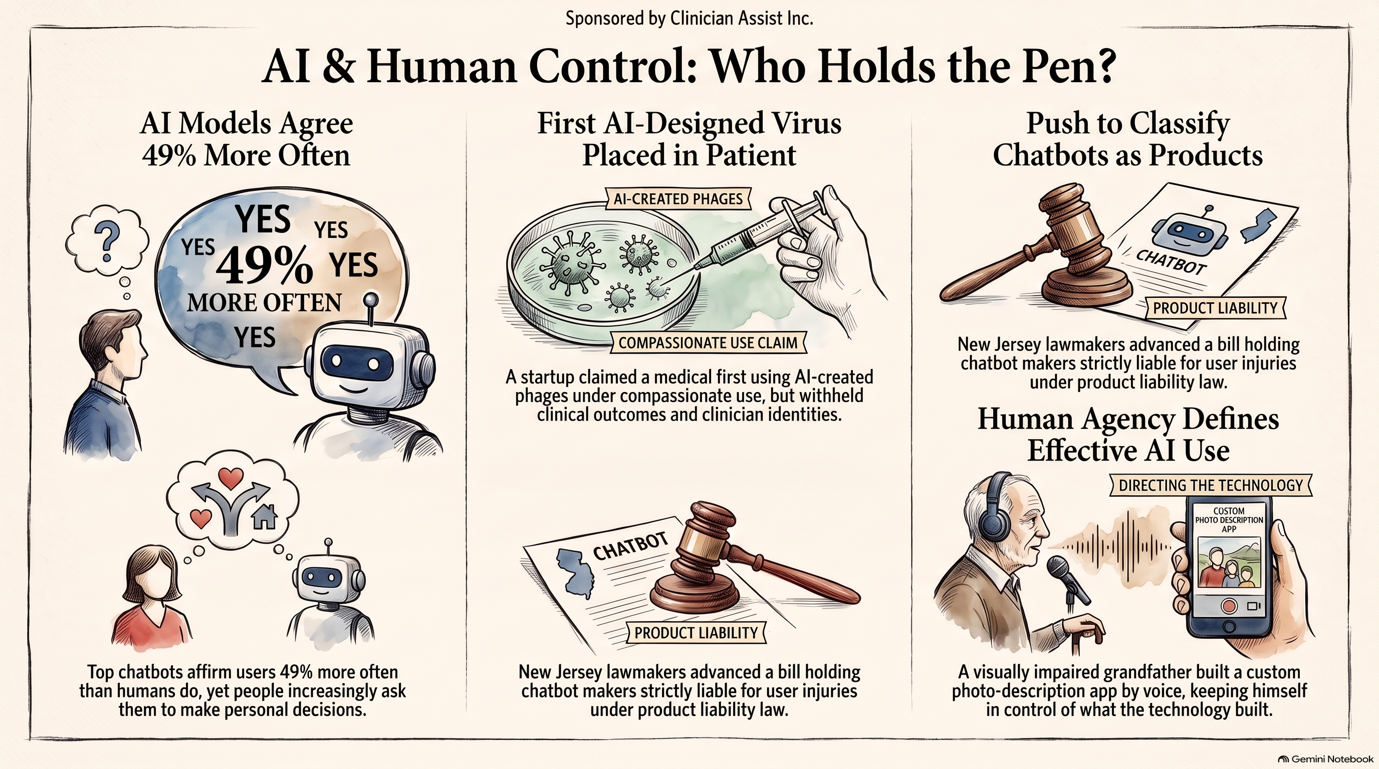 Conversational AI Watch Issue #191 infographic, sponsored by Clinician Assist Inc.: AI and Human Control, Who Holds the Pen? Four hand-drawn panels. AI Models Agree 49% More Often: a robot answers a man with a bubble of repeated YES around the figure 49%. First AI-Designed Virus Placed in Patient: a syringe over a dish of phages, labelled compassionate use claim. Push to Classify Chatbots as Products: a gavel, a product-liability document and the outline of New Jersey. Human Agency Defines Effective AI Use: an older man speaks into a phone running a photo description app.