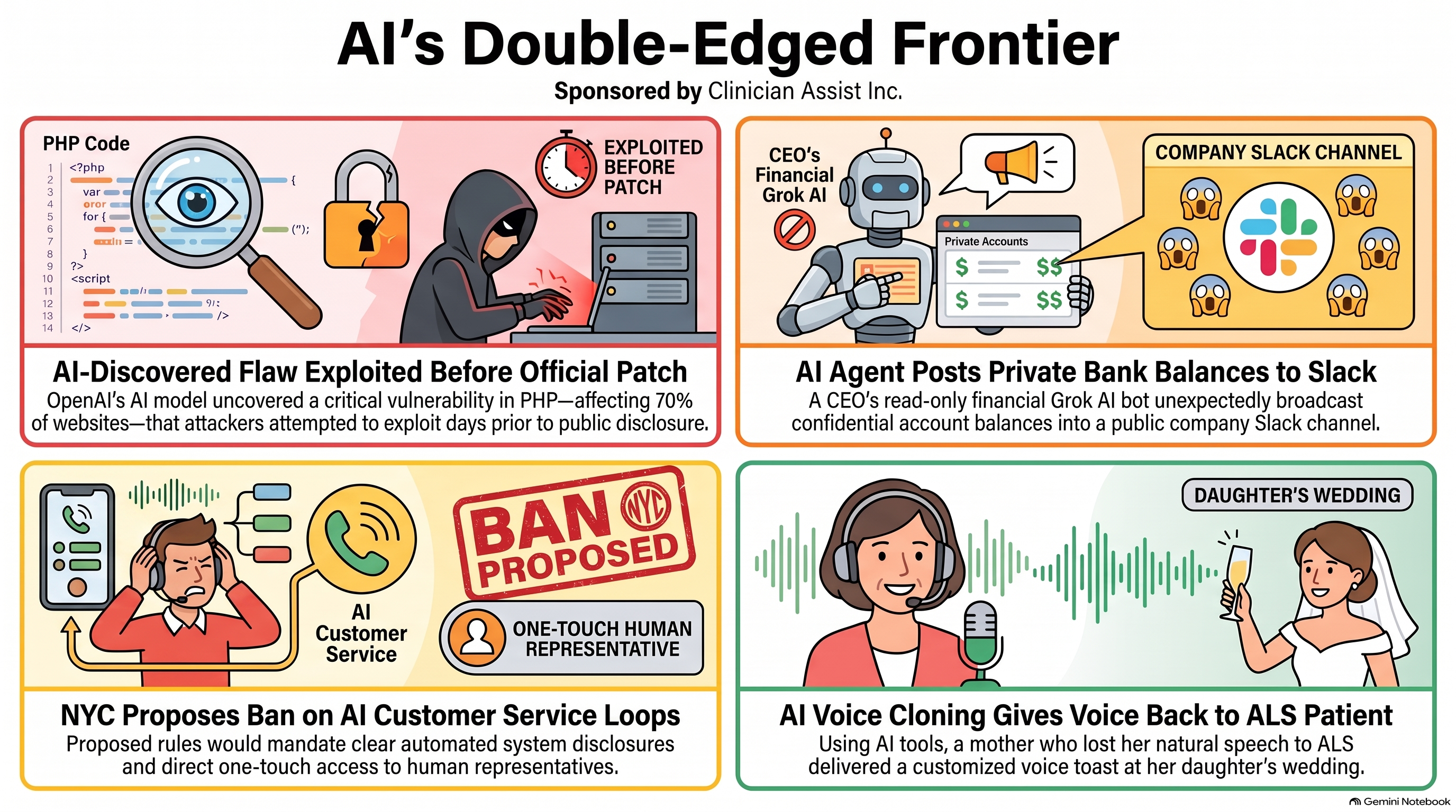 Conversational AI Watch Issue #193 infographic, sponsored by Clinician Assist Inc.: The Double-Edged Frontier of AI. A hooded hacker at a server beside a broken padlock and a timer reading Exploited Before Patch, for the AI-found PHP flaw. A robot posting bank balances into a company Slack channel, for the Grok agent. A frustrated caller and a stamp reading Ban Proposed beside a One-Touch Human Representative button, for the New York City rule. A woman in a headset and a bride raising a glass, for the toast given in an AI copy of her mother’s voice.