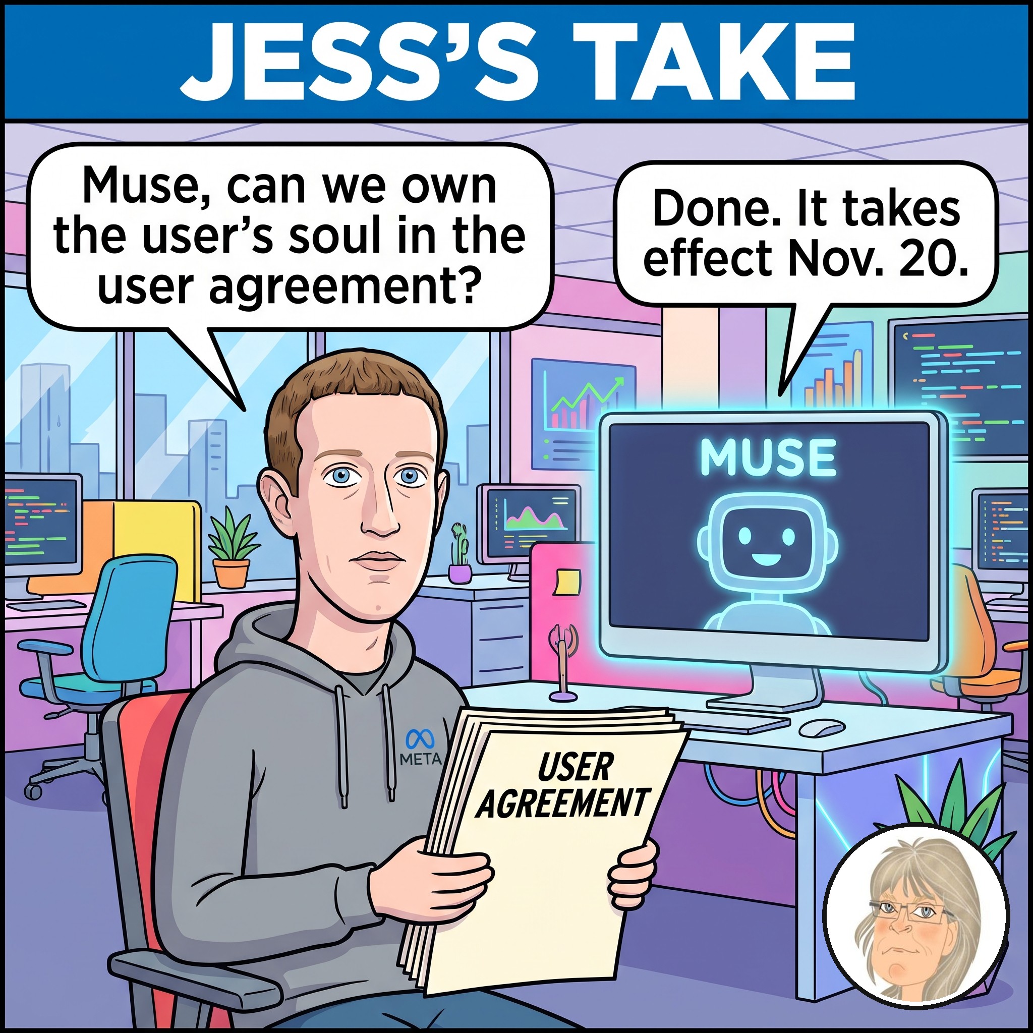 Jess’s Take, the editorial cartoon for Conversational AI Watch Issue #197.
