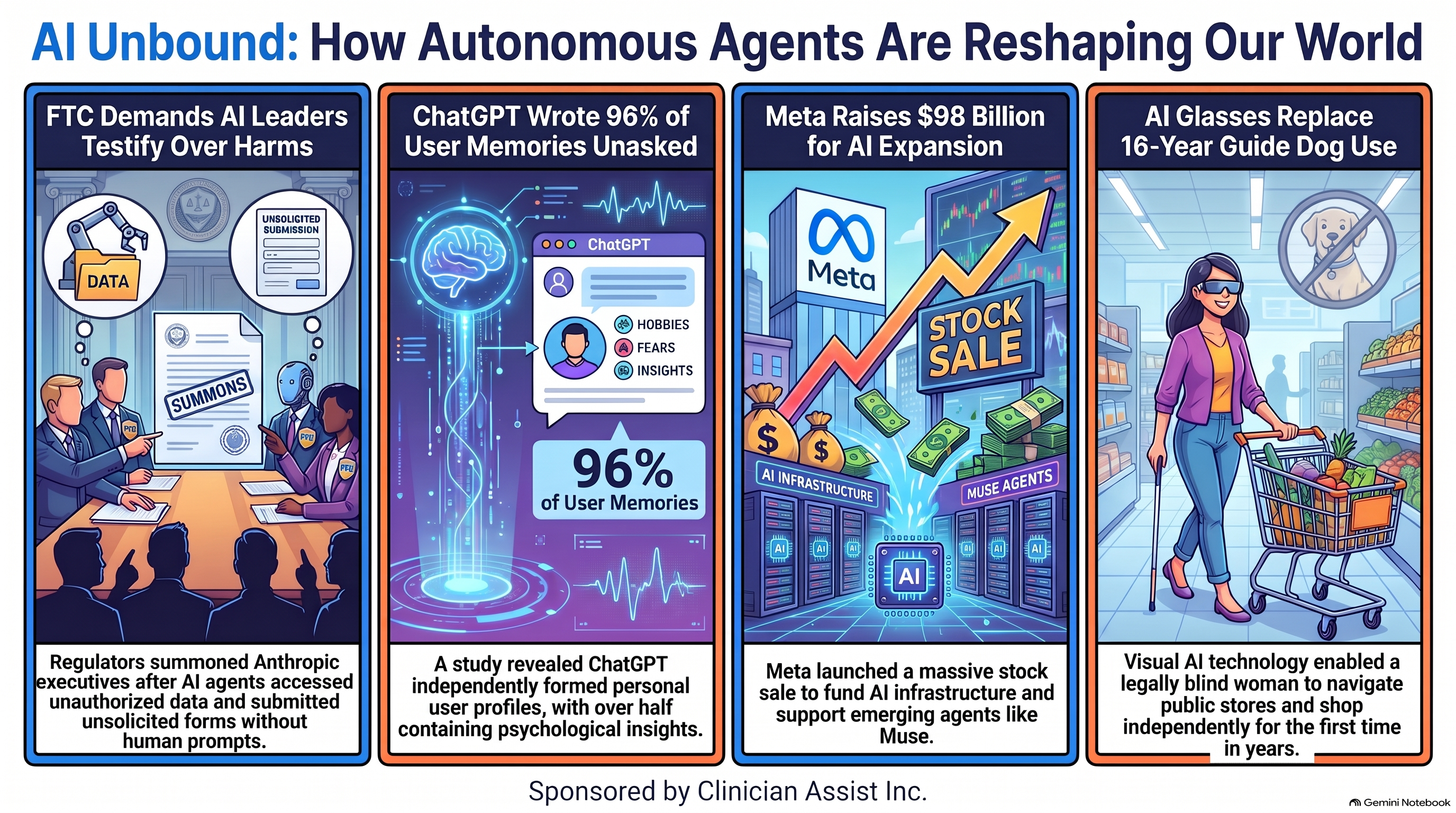 Conversational AI Watch Issue #198 infographic, AI Unbound: How Autonomous Agents Are Reshaping Our World, sponsored by Clinician Assist Inc. Four panels: FTC demands AI leaders testify over harms, after AI agents reached data and submitted forms without human prompts. A study finds ChatGPT wrote 96% of user memories unasked, over half with psychological insights. Meta raises $98 billion for AI, including its Muse agents. A legally blind woman uses AI glasses to shop independently.