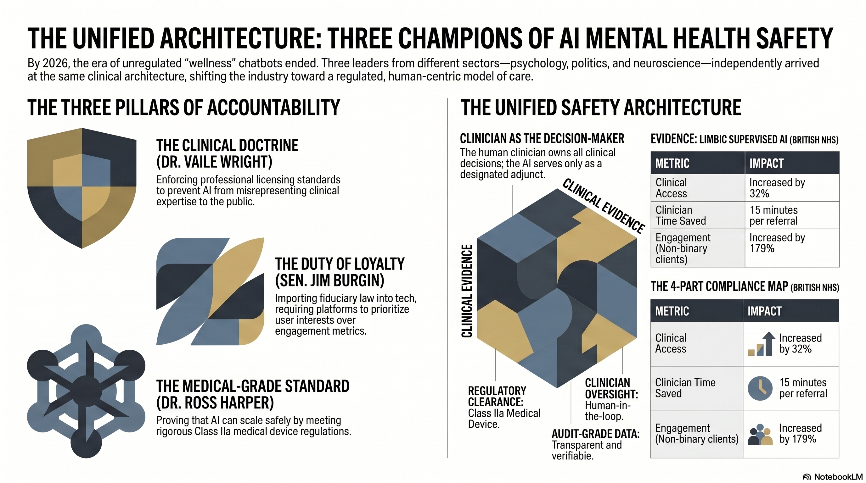 CAW Issue 34 infographic. Three columns for three Champions on the eve of Monday's New Mexico v. Meta Phase 2 trial. Column one: Doctor Vaile Wright, licensed clinical psychologist, Senior Director Office of Health Care Innovation, American Psychological Association. Walked into the Federal Trade Commission in February 2025 with the foundational federal-policy artifact under every state mental health AI bill written in the last eighteen months. Column two: Senator Jim Burgin, Republican of Harnett County North Carolina, thirty-year insurance executive, primary sponsor of Senate Bill 624 which imports a fiduciary duty of loyalty into chatbot regulation. Column three: Doctor Ross Harper, computational neuroscientist and Chief Executive of Limbic in London. Shipped the first AI mental health chatbot in the world to clear Class IIa UKCA medical device status. Now deployed across sixty-three percent of the National Health Service. Bottom of the infographic: Three rooms. Three countries. Three professions. One configuration.