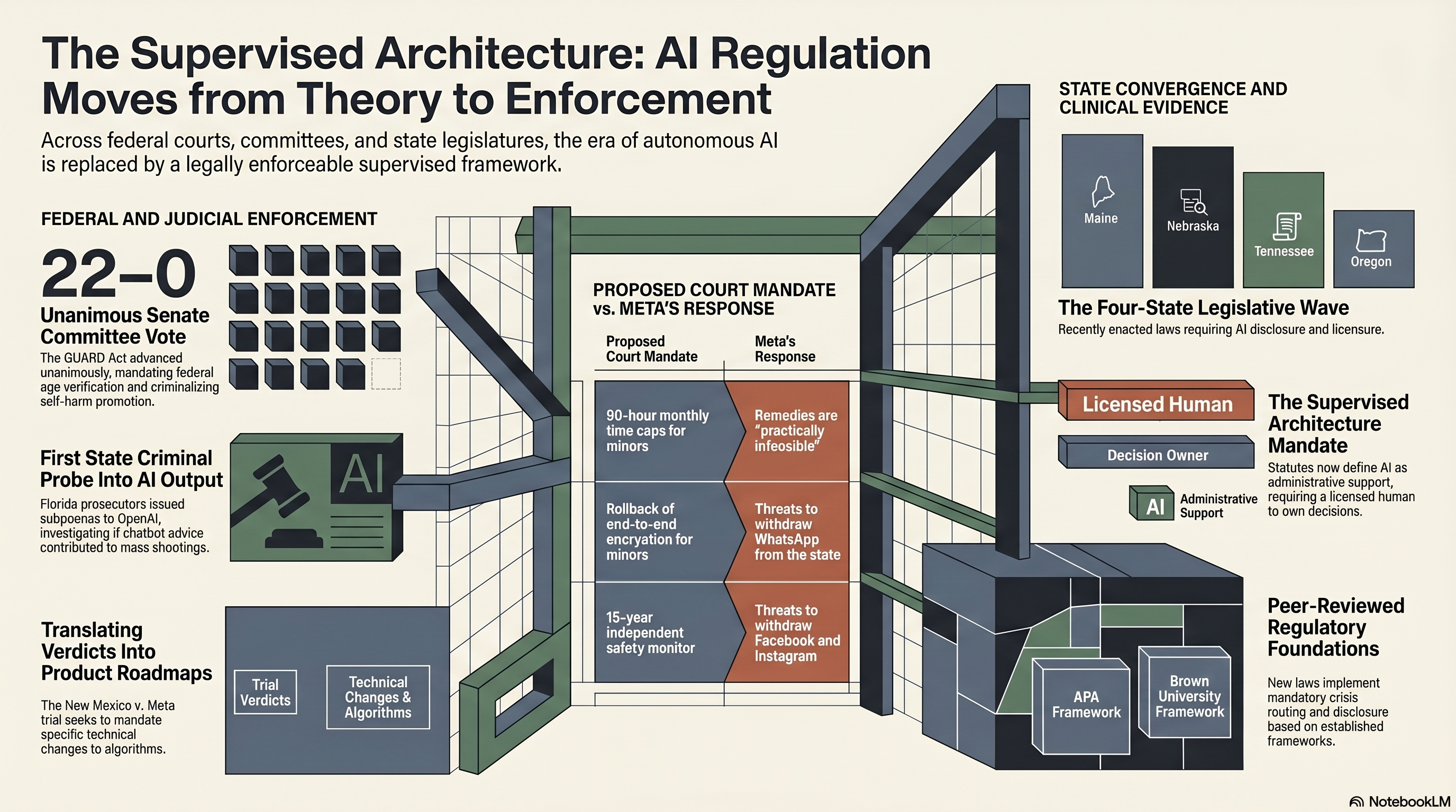 Two-panel image: left panel, courthouse exterior in Santa Fe with the date May 4, 2026 and the case caption State of New Mexico v. Meta Platforms Phase 2; right panel, Senate Judiciary Committee vote tally 22-0 on the GUARD Act, April 30, 2026.