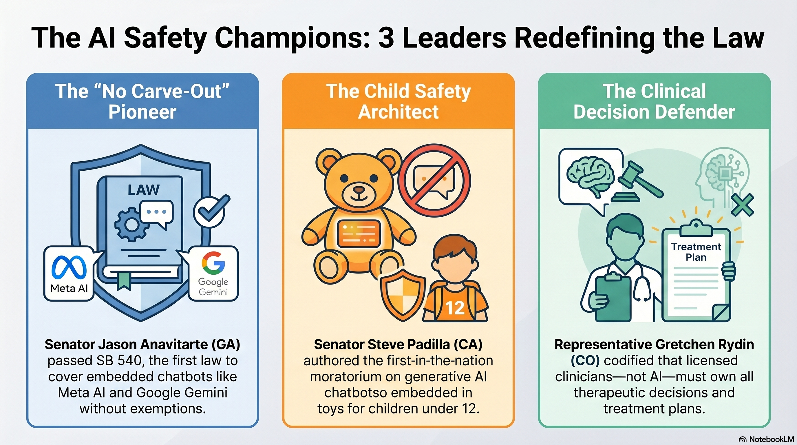 Three-column Sunday Reflection infographic. Left column: Senator Jason Anavitarte, R-Georgia, Senate Majority Leader, SB 540 signed May 11, no carve-out for embedded chatbot services. Center column: Senator Steve Padilla, D-California, SD-18, author of SB 243 signed October 2025 and SB 867 cleared suspense May 14, first-in-the-nation chatbot toy moratorium. Right column: Representative Gretchen Rydin, D-Colorado, HD-38, licensed clinical social worker, primary sponsor HB 1195 on Governor Polis's desk after sine die.