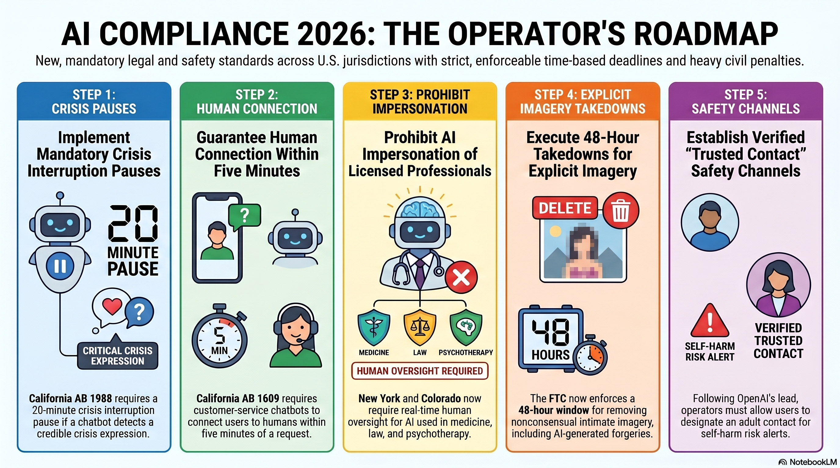 Conversational AI Watch issue 50 infographic showing five California chatbot bills cleared Appropriations on May 15, three Colorado bills on Governor Polis's desk, the New York Assembly Science and Technology Committee seven to zero vote on May 13, the Santa Fe bench-trial calendar through May 22, OpenAI's Trusted Contact launch on May 7, and the federal Take It Down Act enforcement-clock activation on May 19, 2026.