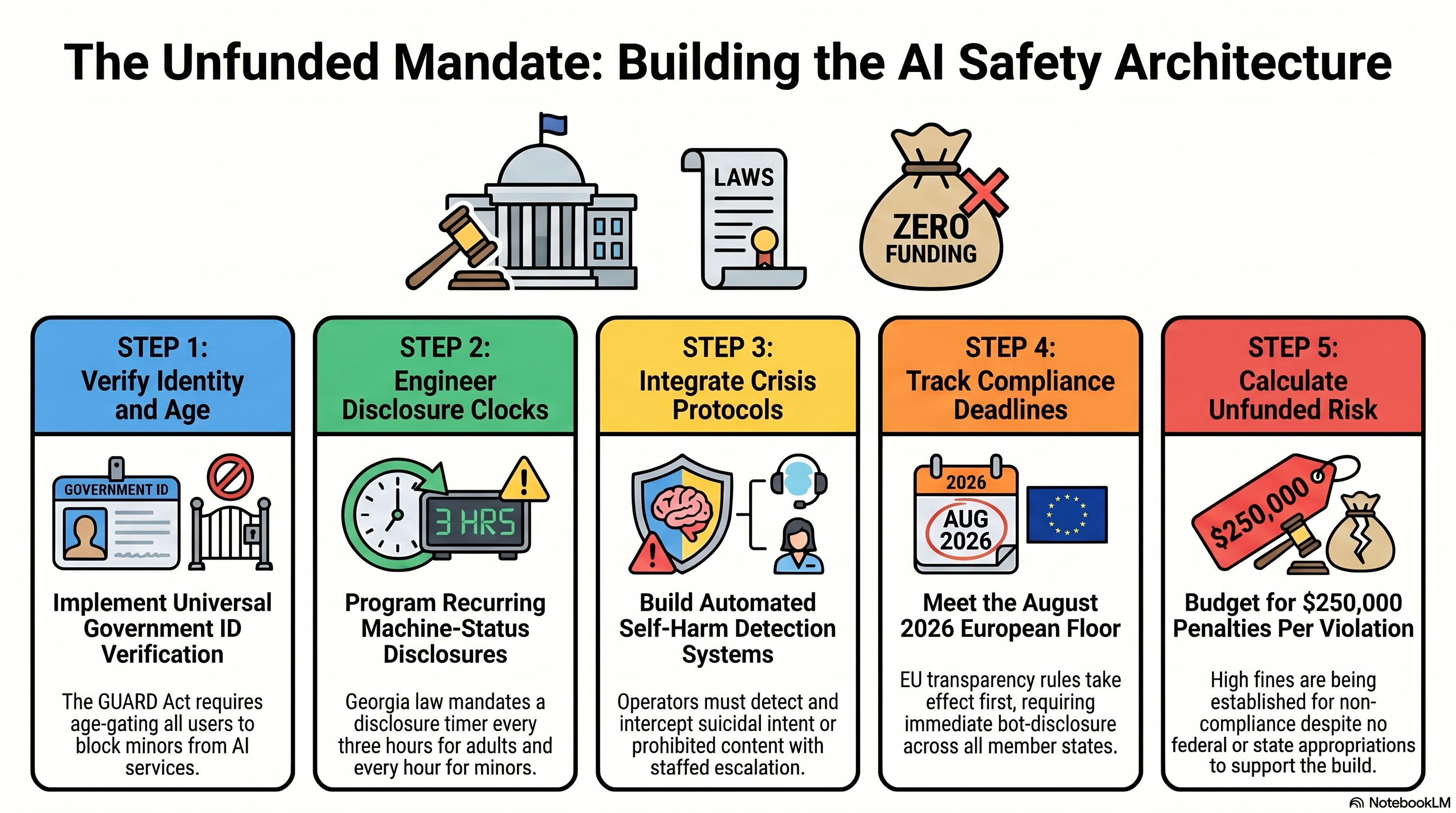 Four-panel comparison of conversational AI mandates moving the same week in Washington, Georgia, Colorado, and Brussels, with a column showing the appropriation attached to each, all empty.