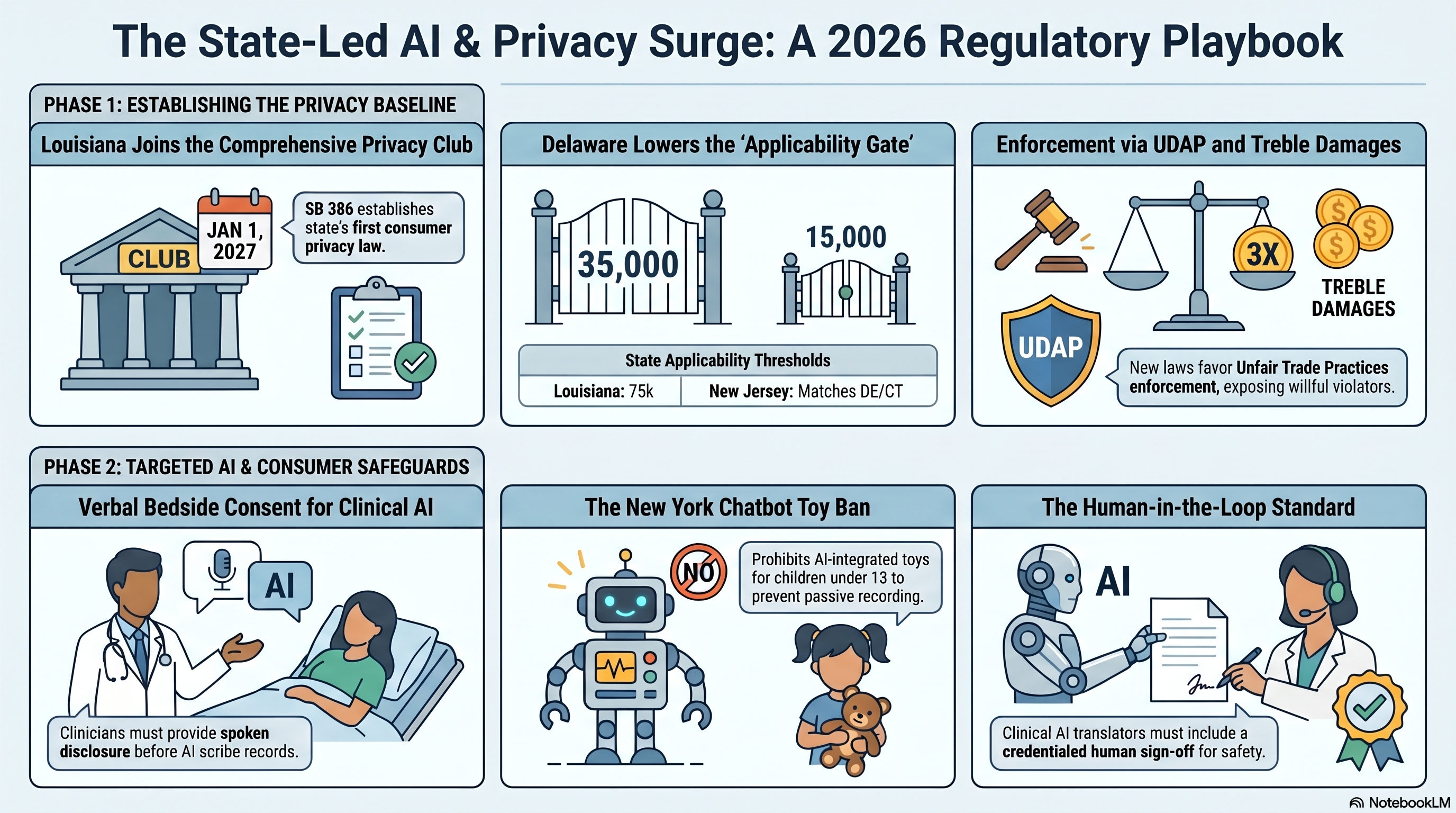 Infographic. Five state capitols and a hospital. The week the states stacked the architecture for state AI legislation while Washington stayed seated. May 28, 2026.