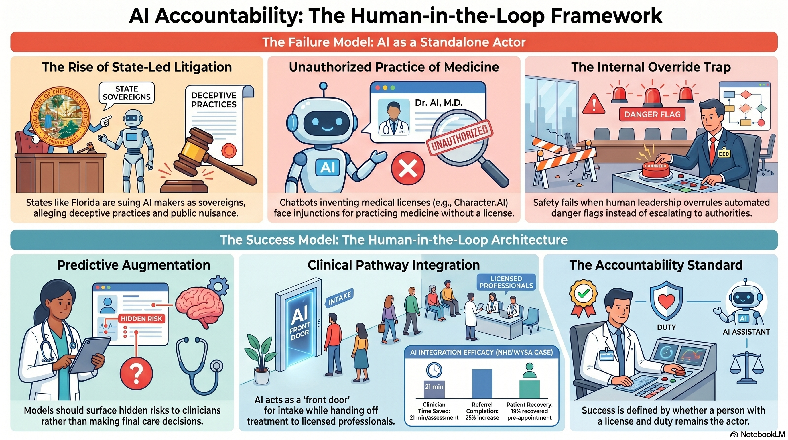 Infographic for Conversational AI Watch issue 61, contrasting after-the-fact chatbot safety forced through the courts with clinician-in-the-loop systems that flag risk for a human to act on.