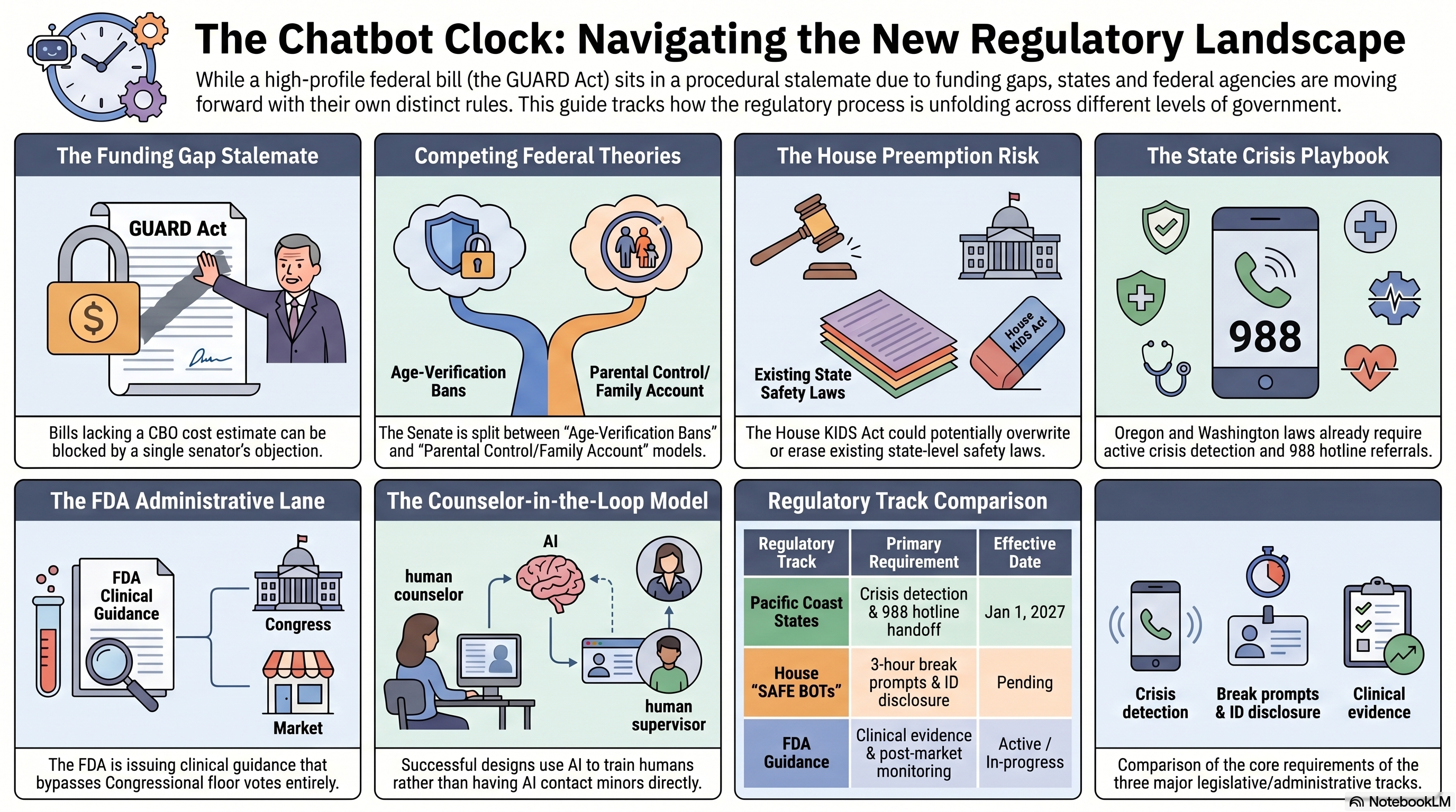 Infographic for Conversational AI Watch issue 63, mapping the federal regulatory machinery around companion chatbots: the Senate GUARD Act waiting on a CBO score, the CHATBOT Act in Senate Commerce, the KIDS Act passed out of House Energy and Commerce, FDA Digital Health Advisory Committee guidance under construction, and three Pacific-coast state laws already on the books.