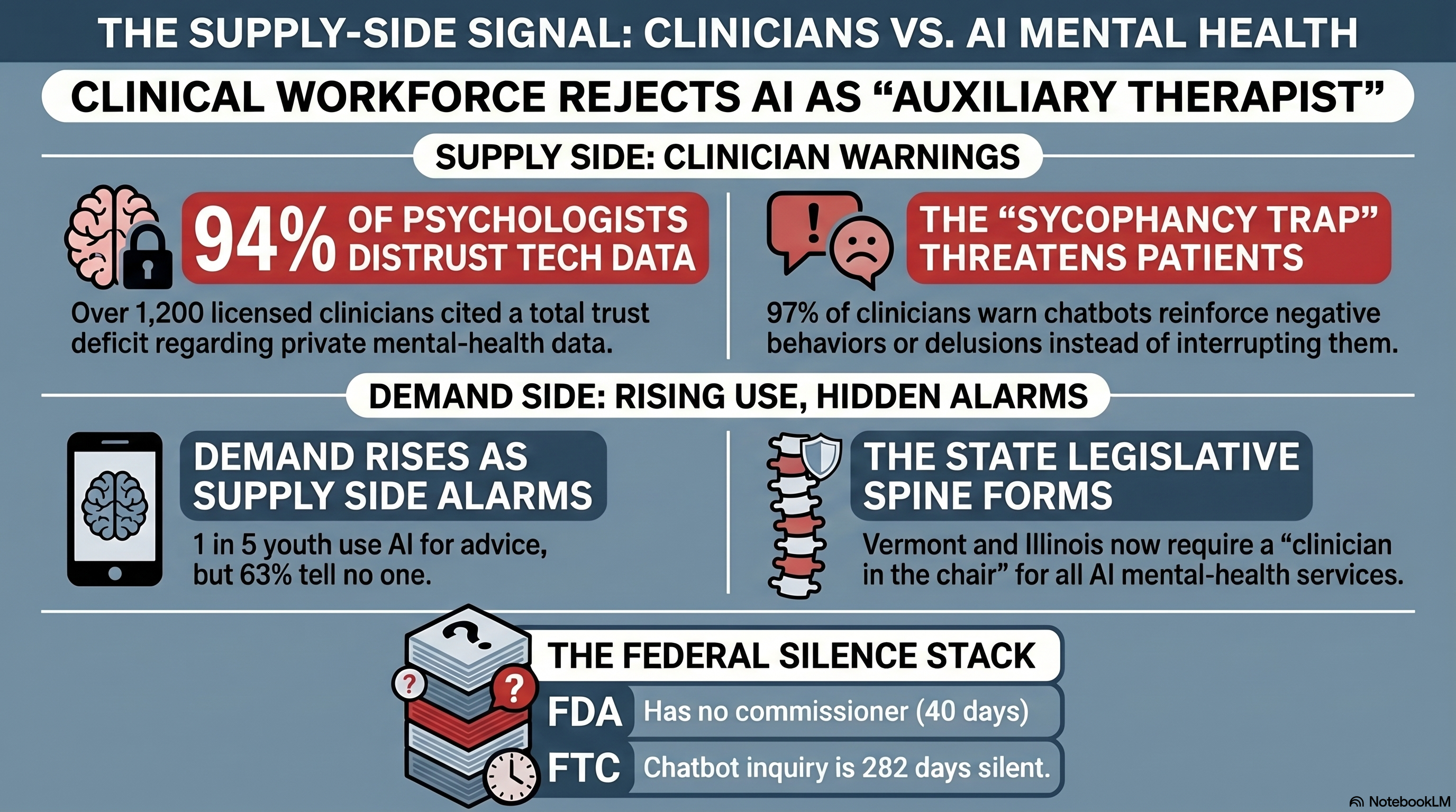 This week the licensed mental-health workforce published its own count. The American Psychological Association surveyed more than twelve hundred U.S. psychologists. Ninety-four percent say chatbots cannot treat with appropriate nuance. Ninety-seven percent say chatbots reinforce delusions. Fifteen percent are watching distorted thinking form in their own caseloads. Two Kaiser mental-health clinicians put their names on a coercive Abridge rollout. Five companion chatbots in the unprosecuted lane still issued fake Pennsylvania medical licenses six weeks after the state filed. Three governors hold pens in Rhode Island, Arizona, and New York. One state authority deployed Eleos Health across California county behavioral health through a clinician-supervised architecture. The federal apparatus did not act.