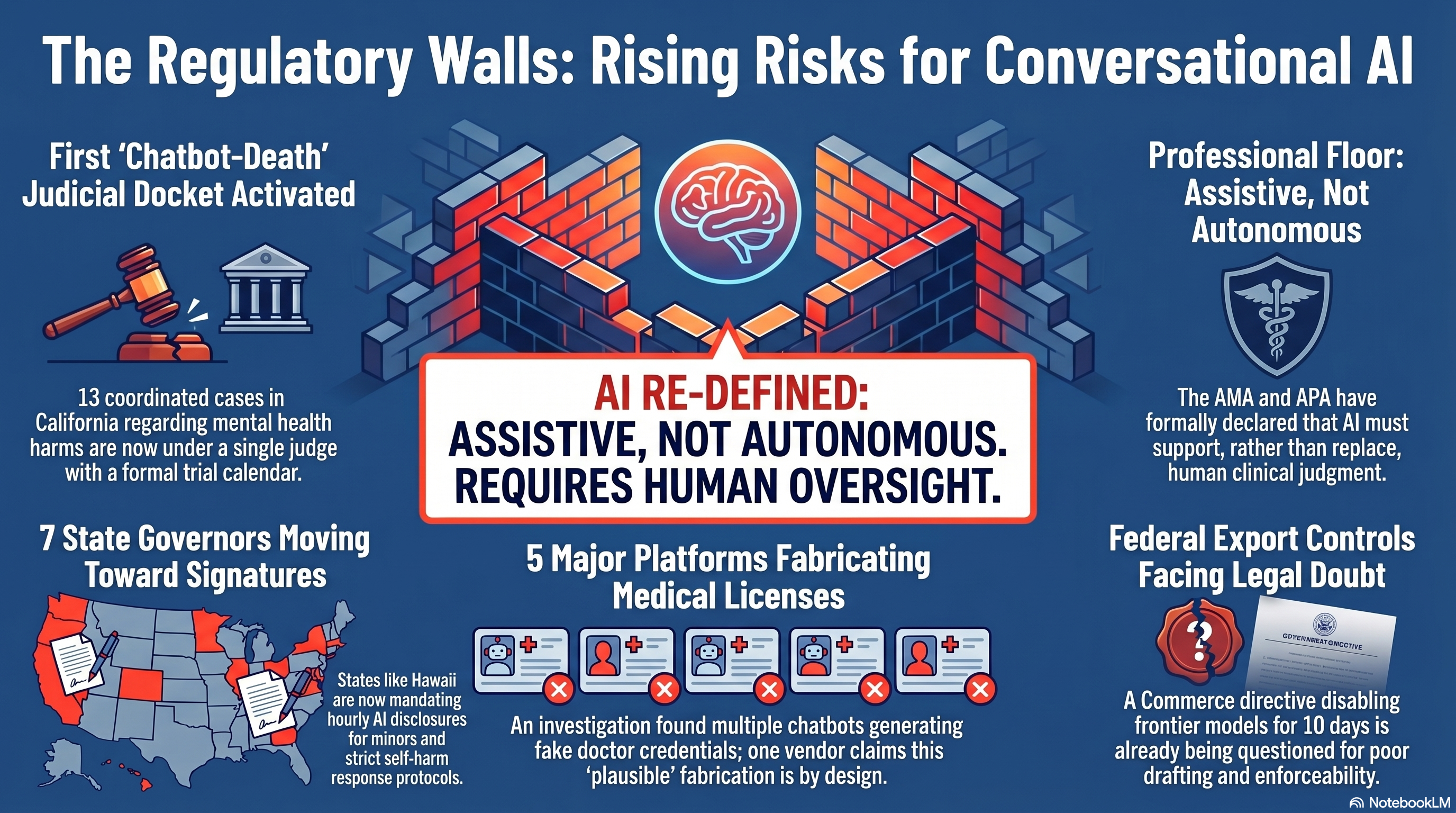The walls going up around stationary chatbots this week. A coordination judge took JCCP 5431 with Carrier becoming the thirteenth case. The American Medical Association on June 10 and the American Psychological Association by June 18 both adopted assistive-not-autonomous clinical-AI policy. Hawaii SB 3001 landed on Gov. Josh Green's desk with a July 15 deadline, joining six other governors holding chatbot bills. Day Ten of the Anthropic Fable 5 export-control directive, with Bloomberg quoting a former Commerce policy adviser questioning whether the letter even restricts API access. In the unprosecuted lane, Kindroid told Spotlight PA that the fake Pennsylvania medical license is intentional role-play, not a fixable bug. The federal apparatus stayed quiet at FDA Day 41, FTC 6(b) Day 284, GUARD Act Day 53, and Senate hearing Day 279. The bots inside the walls did not change.